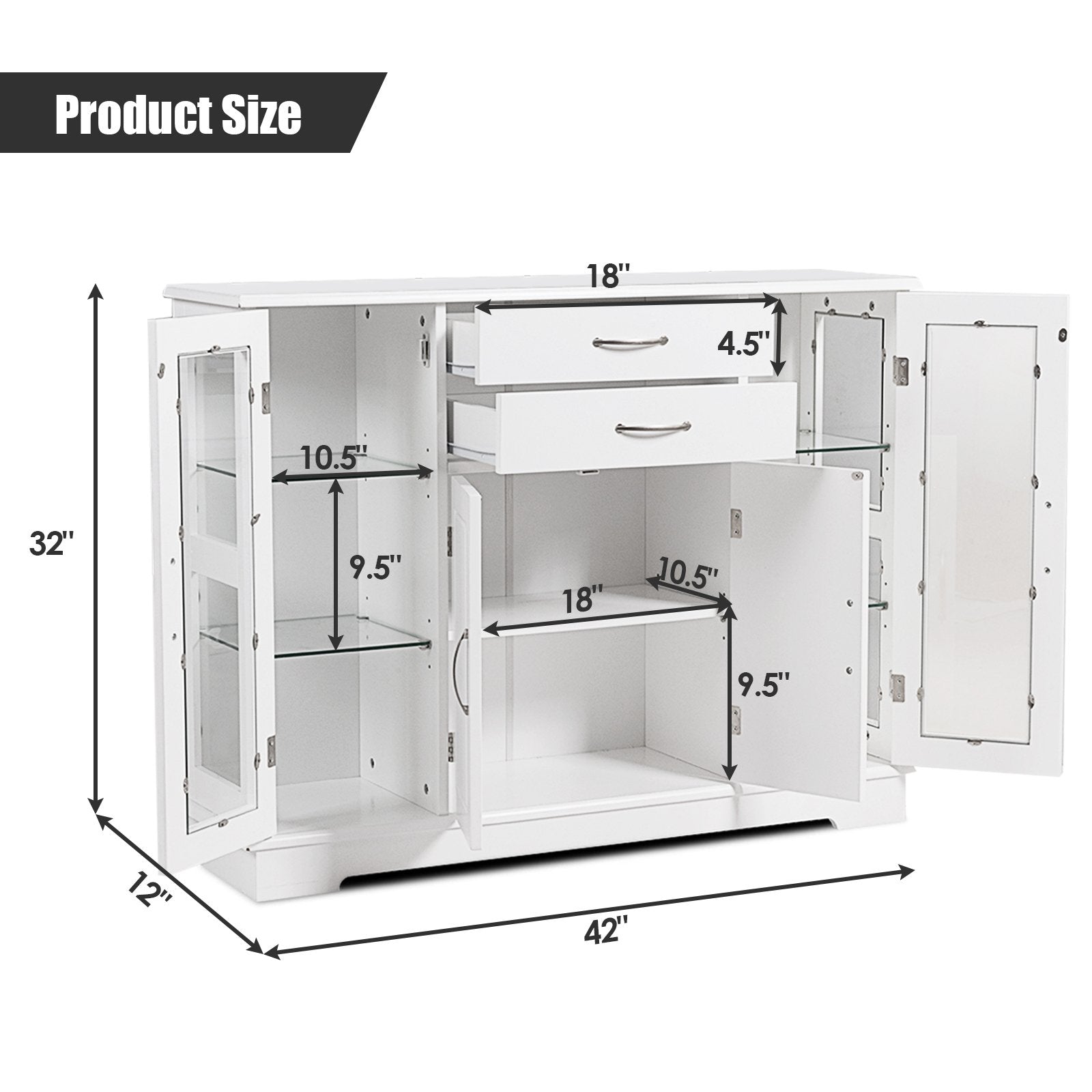 Sideboard Buffet Server Storage Cabinet with 2 Drawers and Glass Doors, White Sideboards Cabinets & Buffets   at Gallery Canada