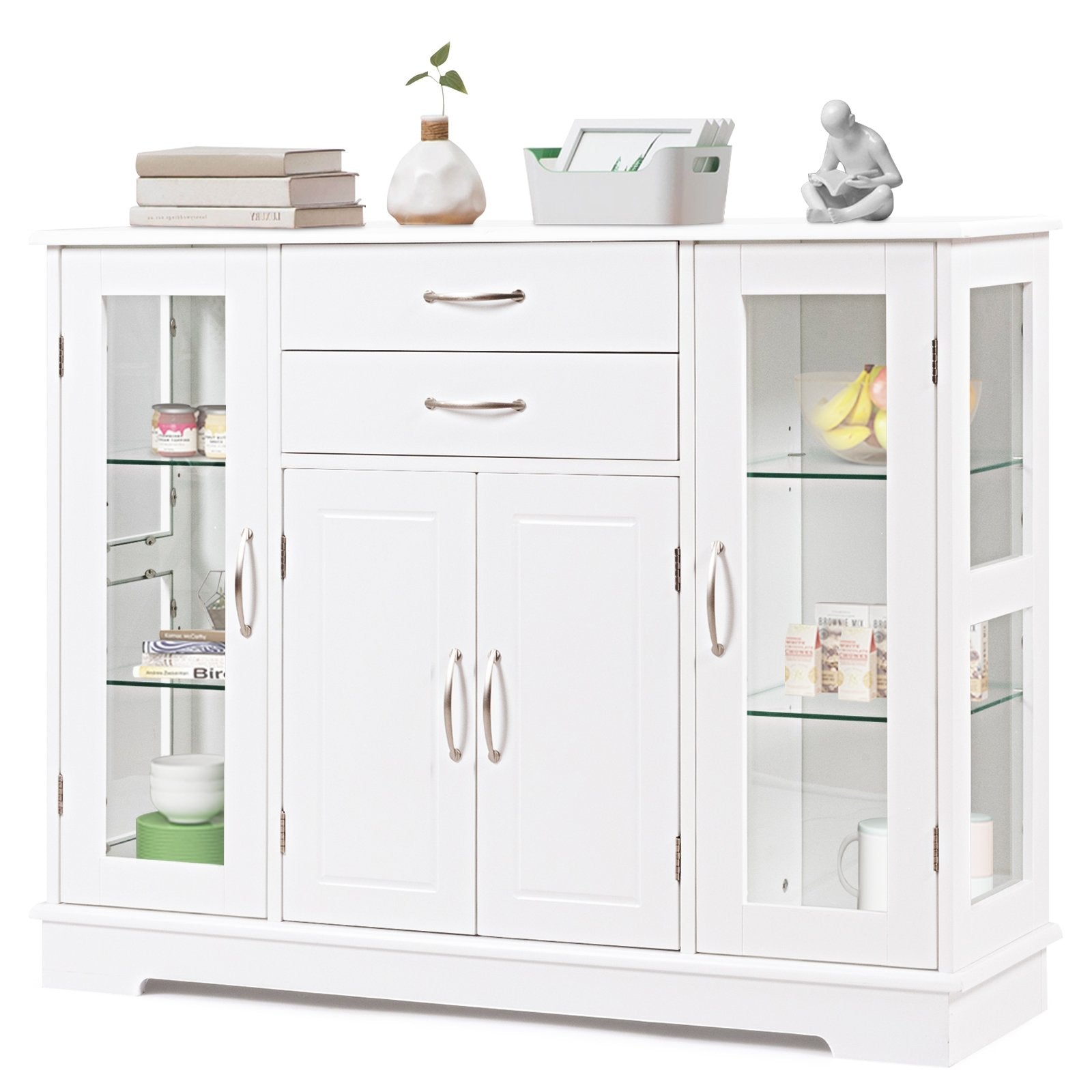 Sideboard Buffet Server Storage Cabinet with 2 Drawers and Glass Doors, White Sideboards Cabinets & Buffets   at Gallery Canada