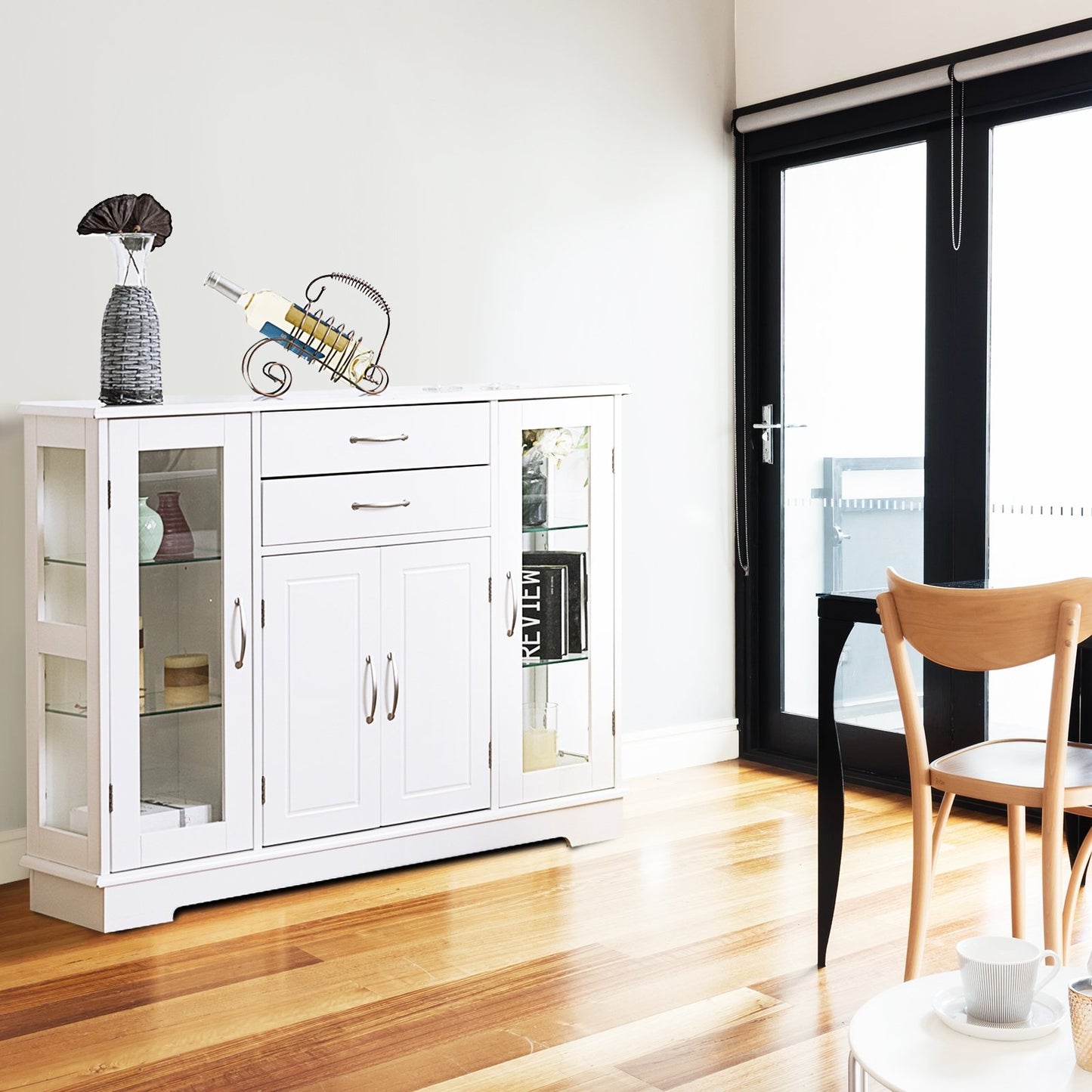 Sideboard Buffet Server Storage Cabinet with 2 Drawers and Glass Doors, White Sideboards Cabinets & Buffets   at Gallery Canada