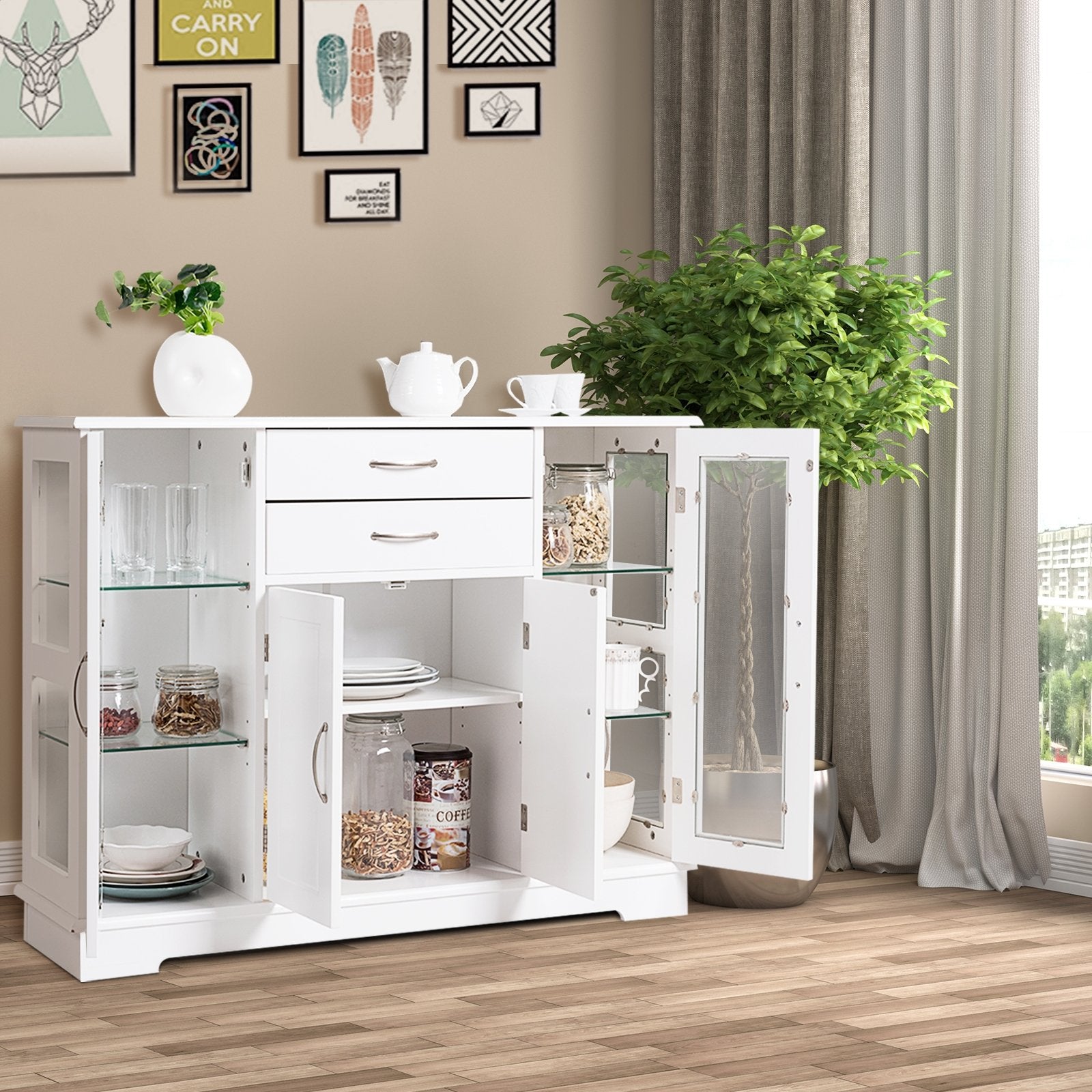 Sideboard Buffet Server Storage Cabinet with 2 Drawers and Glass Doors, White Sideboards Cabinets & Buffets   at Gallery Canada