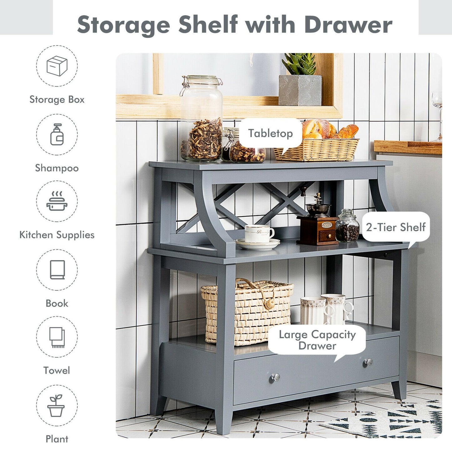3-Tier Storage Rack End table Side Table with Slide Drawer, Gray - Gallery Canada