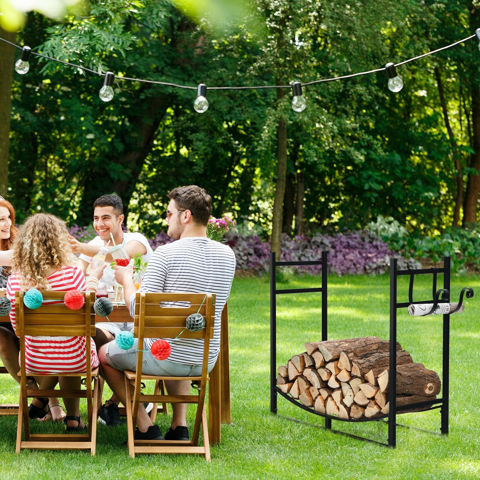 33 Inch Firewood Rack with Removable Kindling Holder Steel Fireplace Wood, Black Log Storage   at Gallery Canada