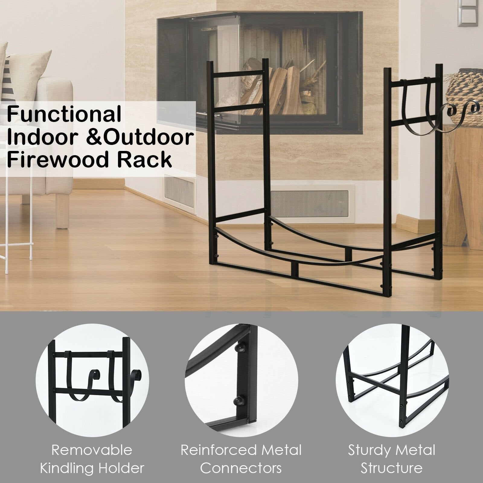 33 Inch Firewood Rack with Removable Kindling Holder Steel Fireplace Wood, Black Log Storage   at Gallery Canada