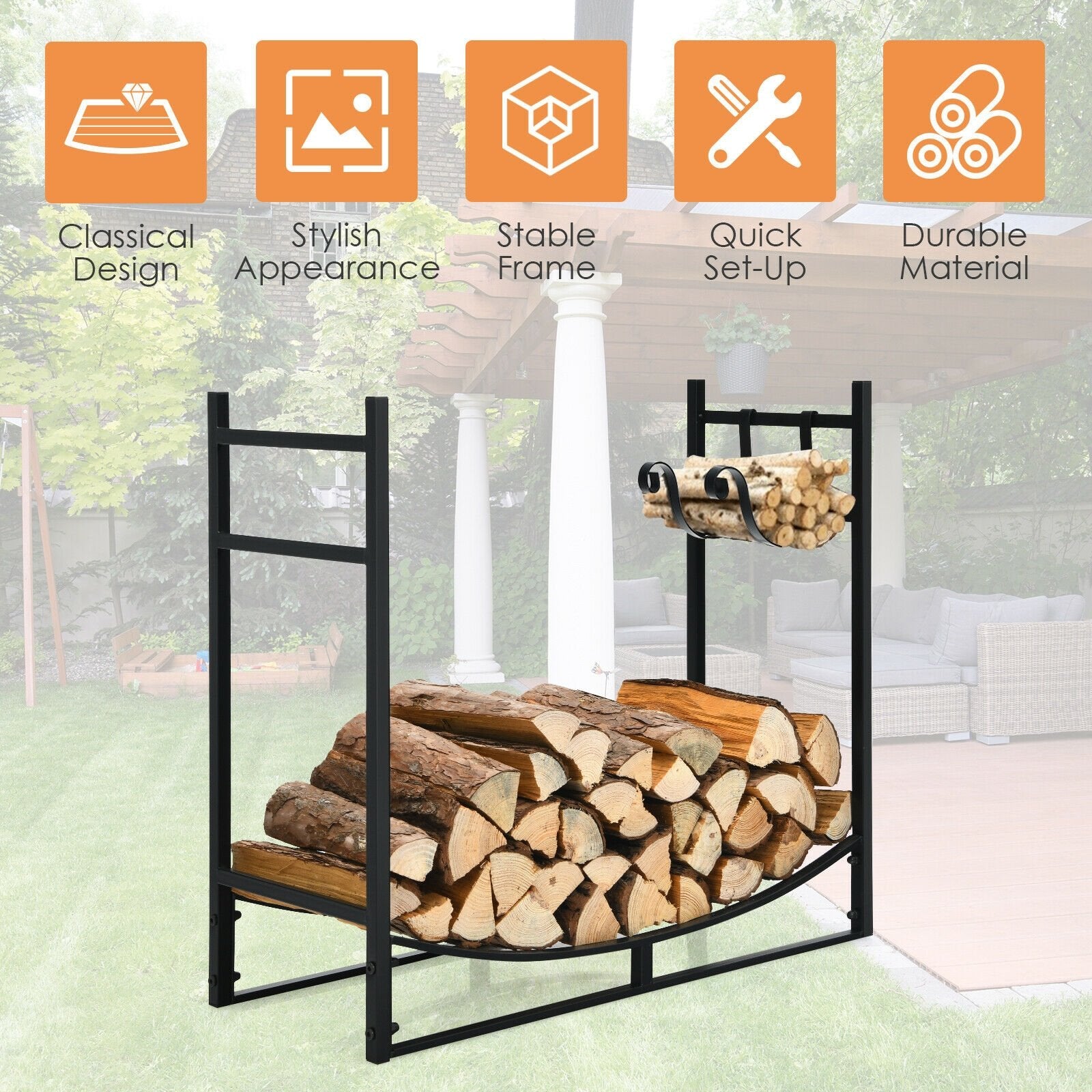 33 Inch Firewood Rack with Removable Kindling Holder Steel Fireplace Wood, Black Log Storage   at Gallery Canada
