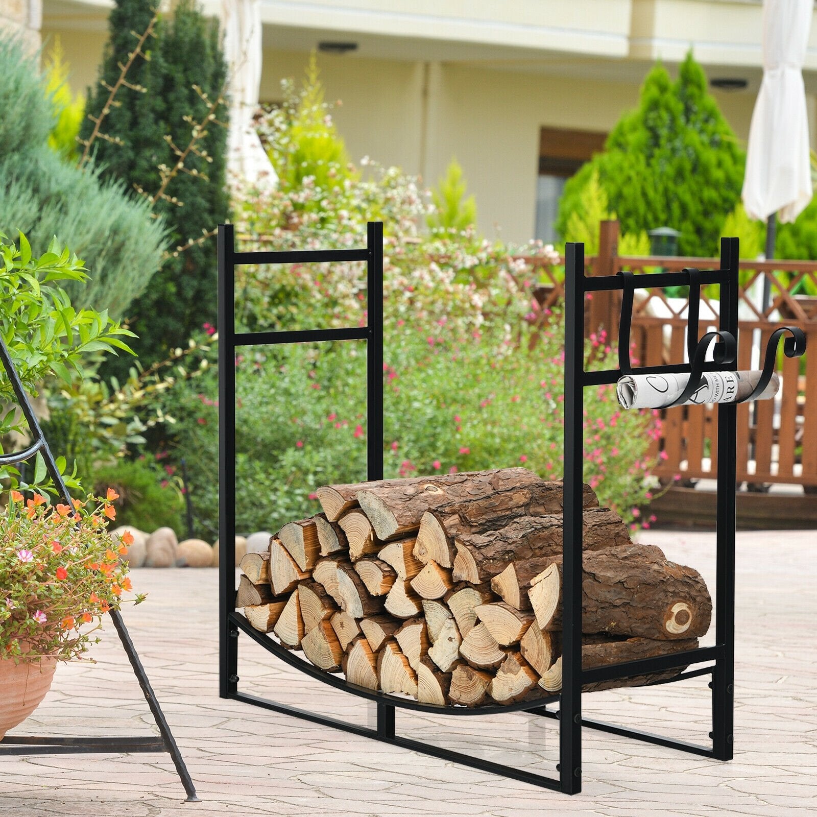 33 Inch Firewood Rack with Removable Kindling Holder Steel Fireplace Wood, Black Log Storage   at Gallery Canada