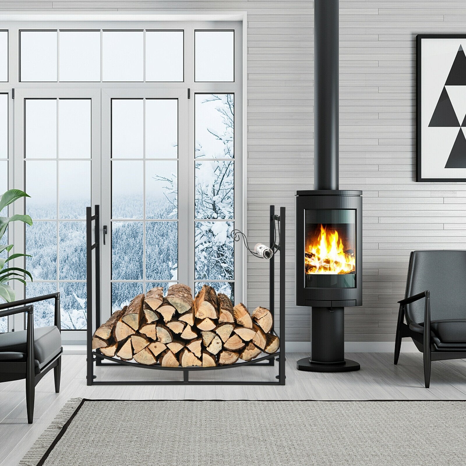 33 Inch Firewood Rack with Removable Kindling Holder Steel Fireplace Wood, Black Log Storage   at Gallery Canada