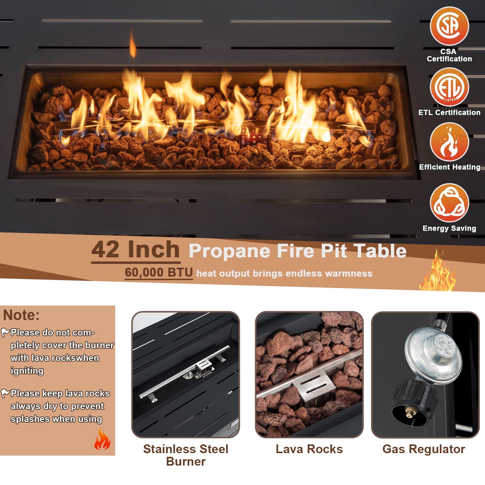 42 Inch 60 000 BTU Rectangular Propane Fire Pit Table with Waterproof Cover Fire Pit Tables   at Gallery Canada