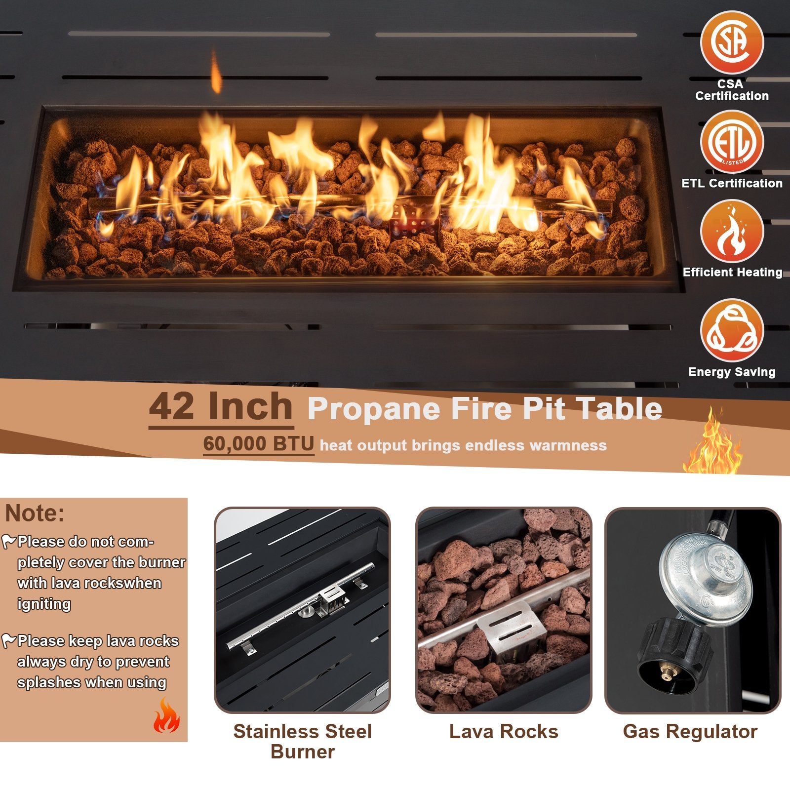 42 Inch 60 000 BTU Rectangular Propane Fire Pit Table with Waterproof Cover - Gallery Canada