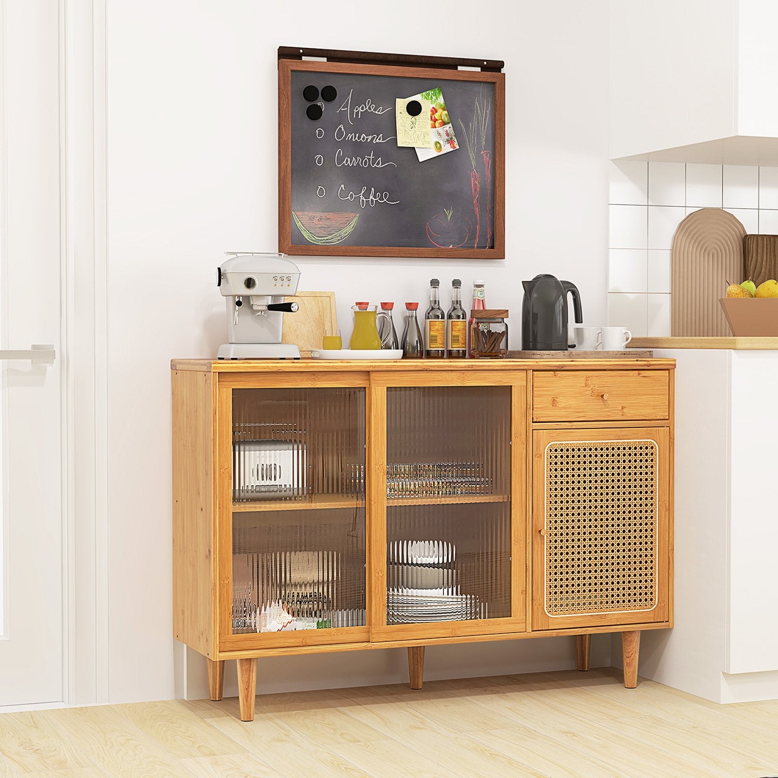 Modern Bamboo Buffet Sideboard Cabinet with Tempered Glass Sliding Doors, Natural Cabinets & Chests   at Gallery Canada