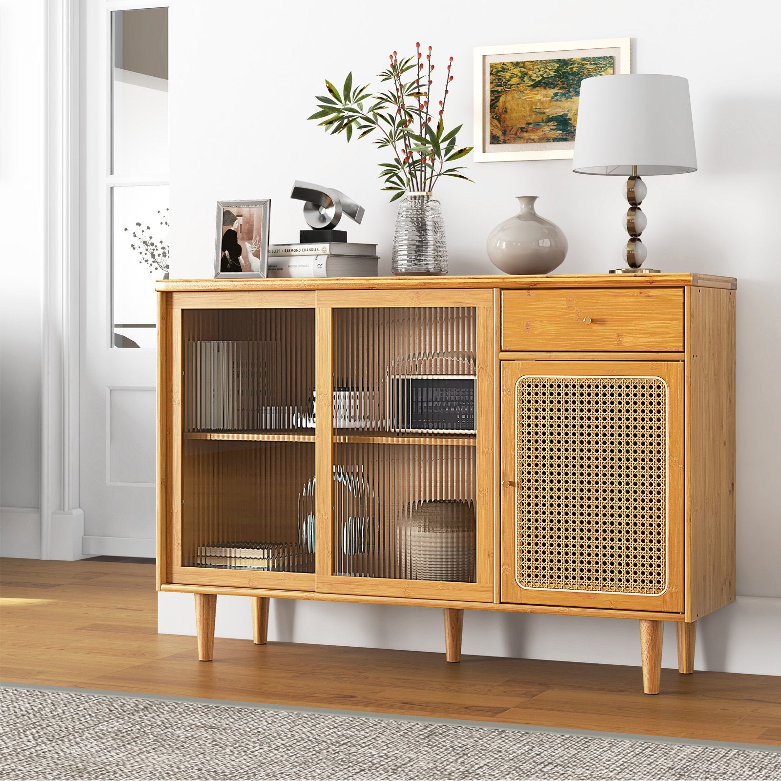 Modern Bamboo Buffet Sideboard Cabinet with Tempered Glass Sliding Doors, Natural Cabinets & Chests   at Gallery Canada