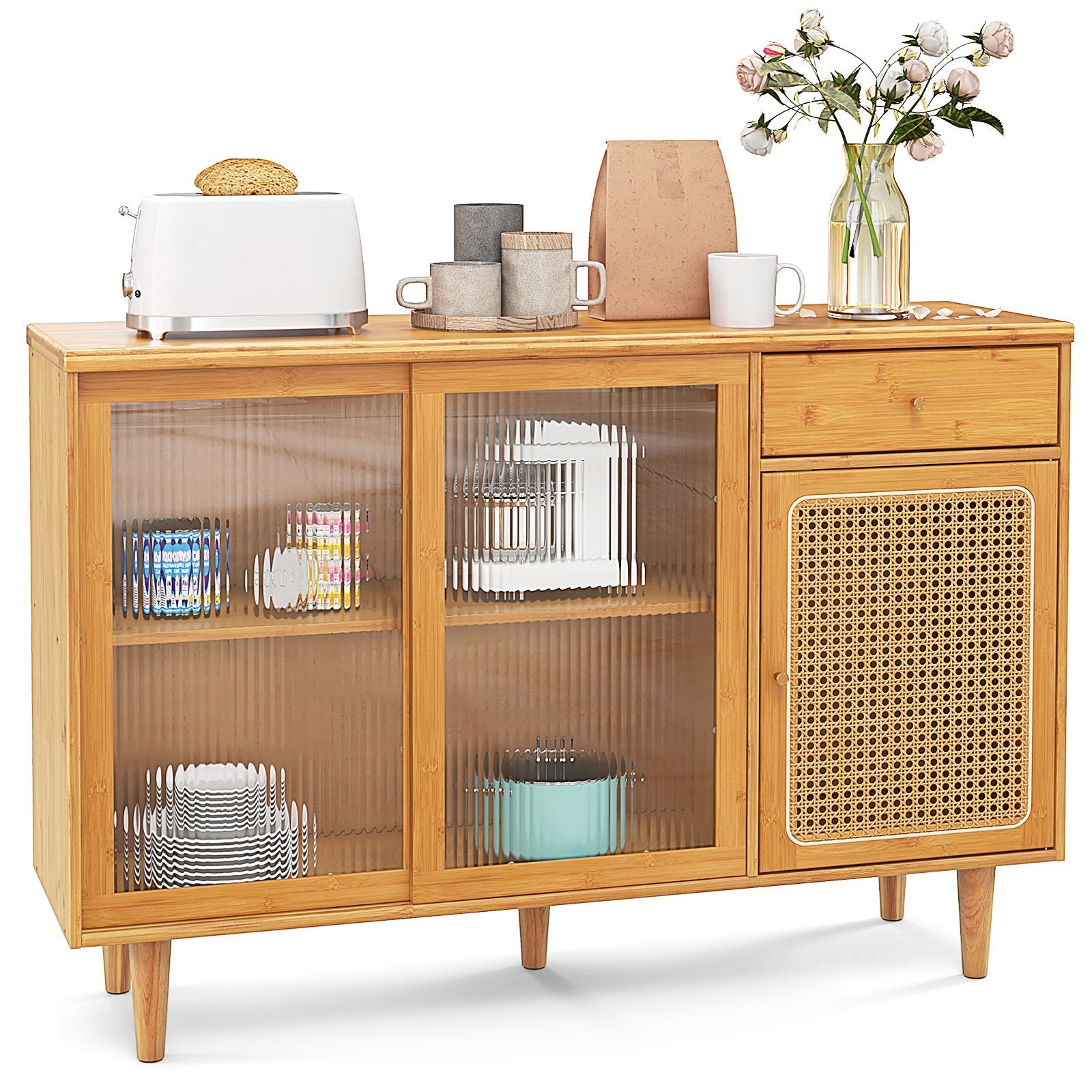 Modern Bamboo Buffet Sideboard Cabinet with Tempered Glass Sliding Doors, Natural Cabinets & Chests   at Gallery Canada