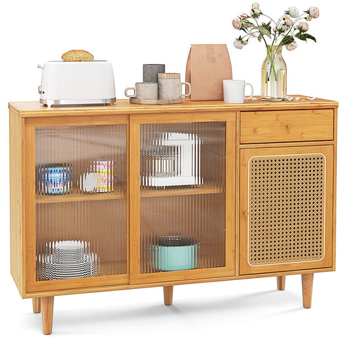 Modern Bamboo Buffet Sideboard Cabinet with Tempered Glass Sliding Doors, Natural