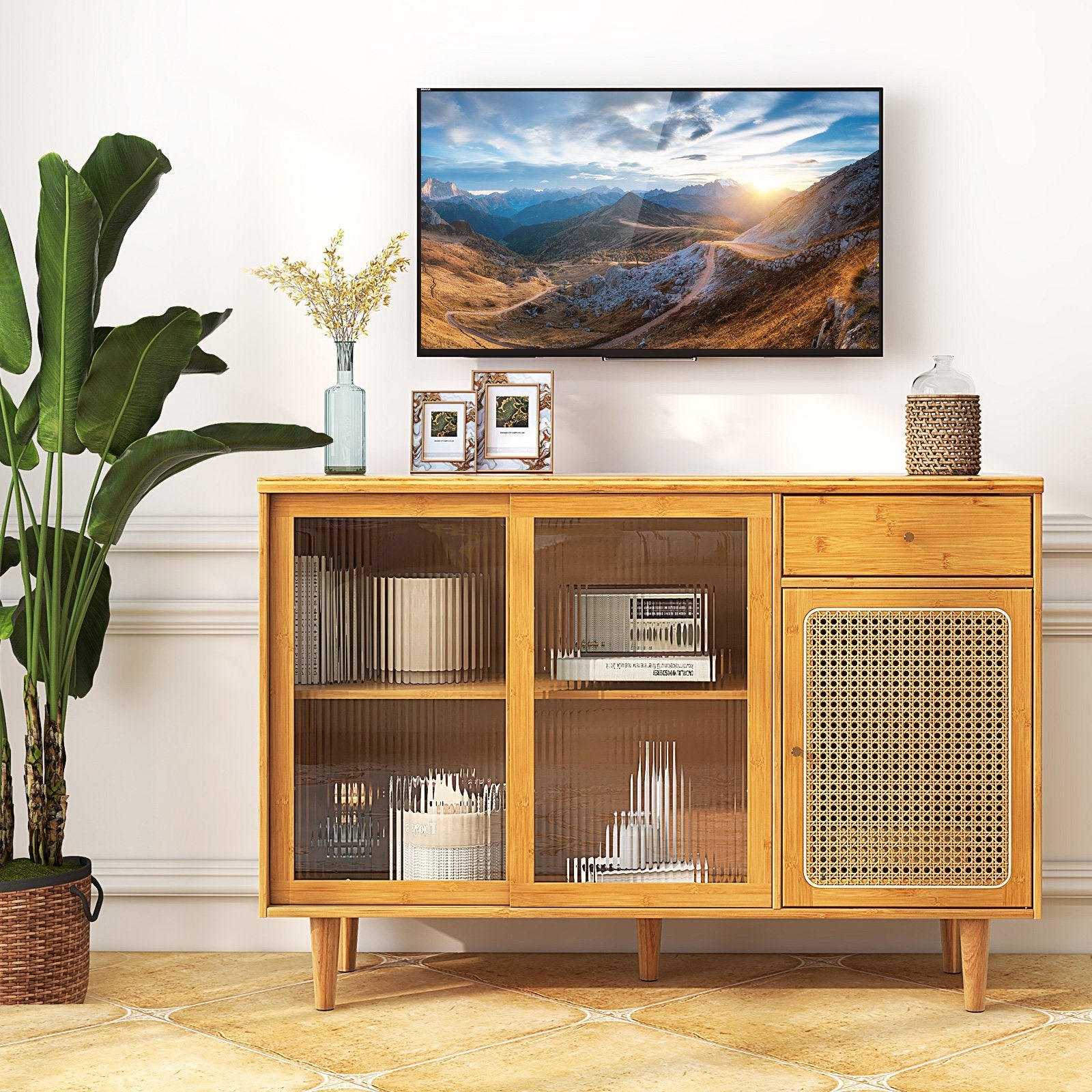 Modern Bamboo Buffet Sideboard Cabinet with Tempered Glass Sliding Doors, Natural Cabinets & Chests   at Gallery Canada