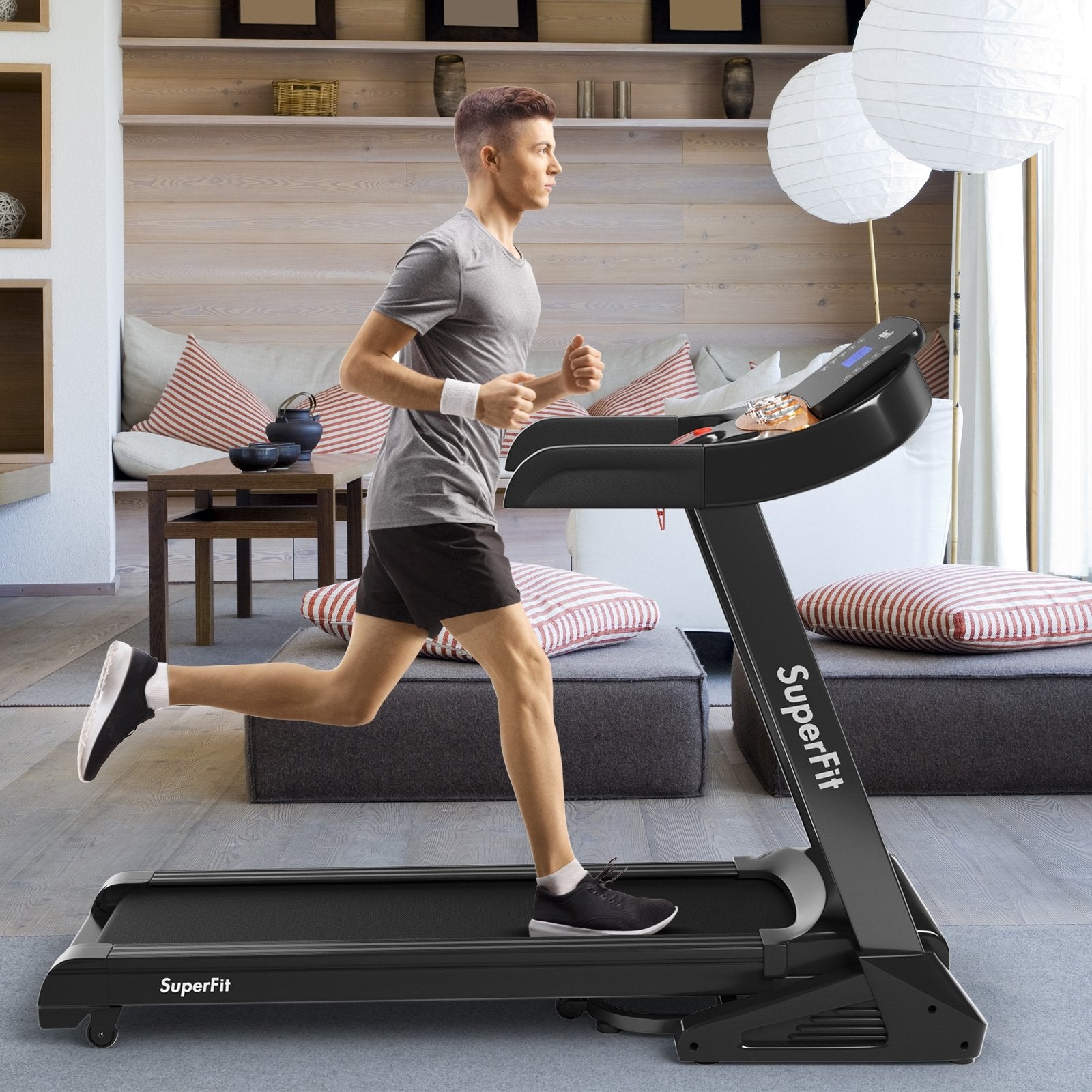 3.75HP Electric Folding Treadmill with Auto Incline 12 Program APP Control, Black Treadmills   at Gallery Canada