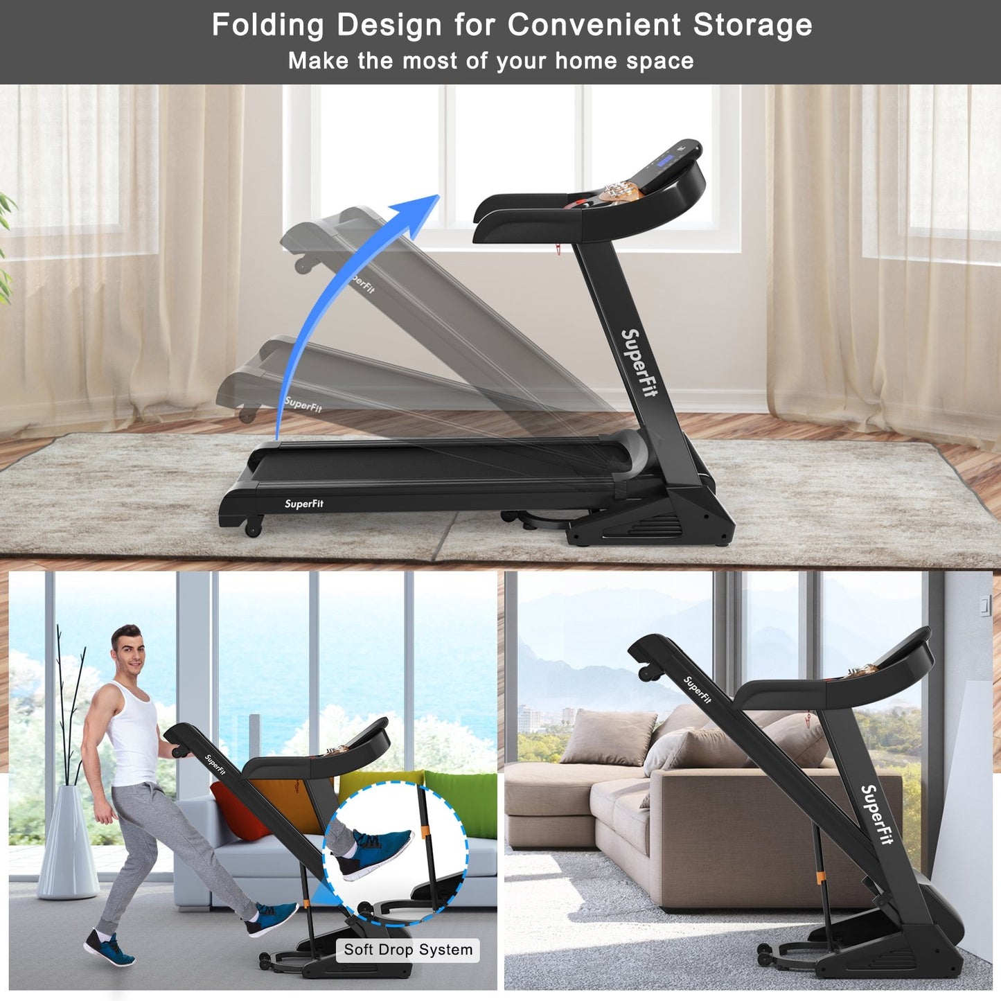 3.75HP Electric Folding Treadmill with Auto Incline 12 Program APP Control, Black Treadmills   at Gallery Canada