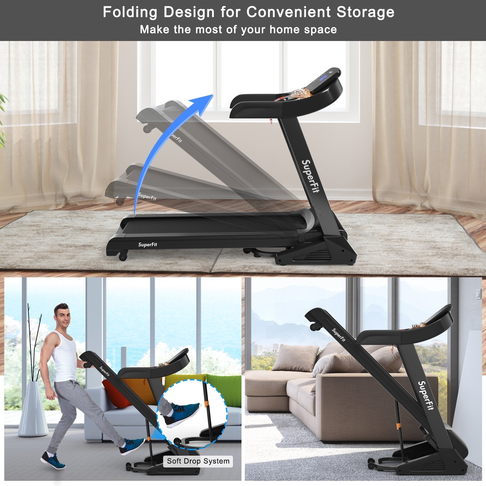 3.75HP Electric Folding Treadmill with Auto Incline 12 Program APP Control, Black Treadmills   at Gallery Canada