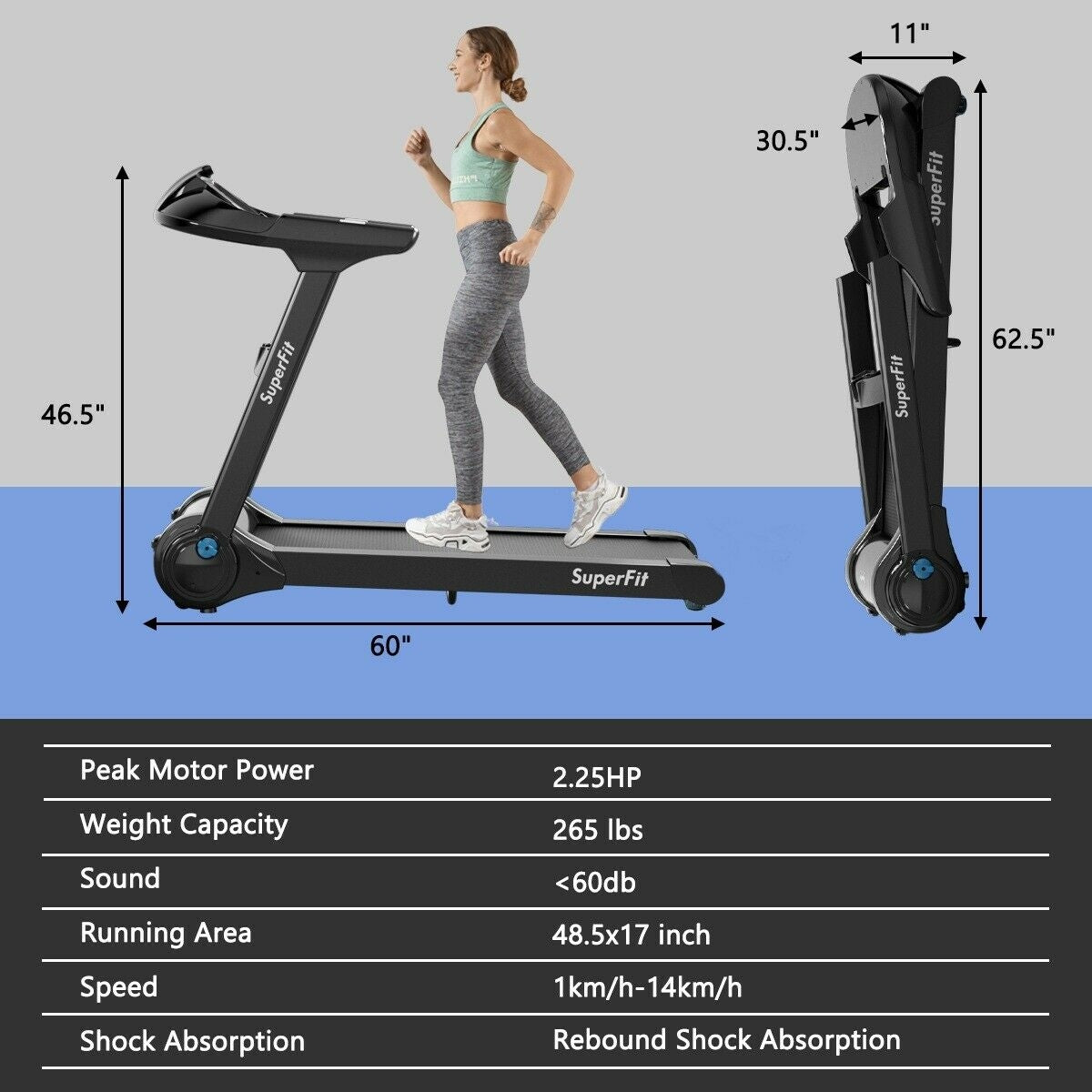 2.25HP Folding Treadmill Running Jogging Machine with APP heart rate bluetooth, Black Treadmills at Gallery Canada