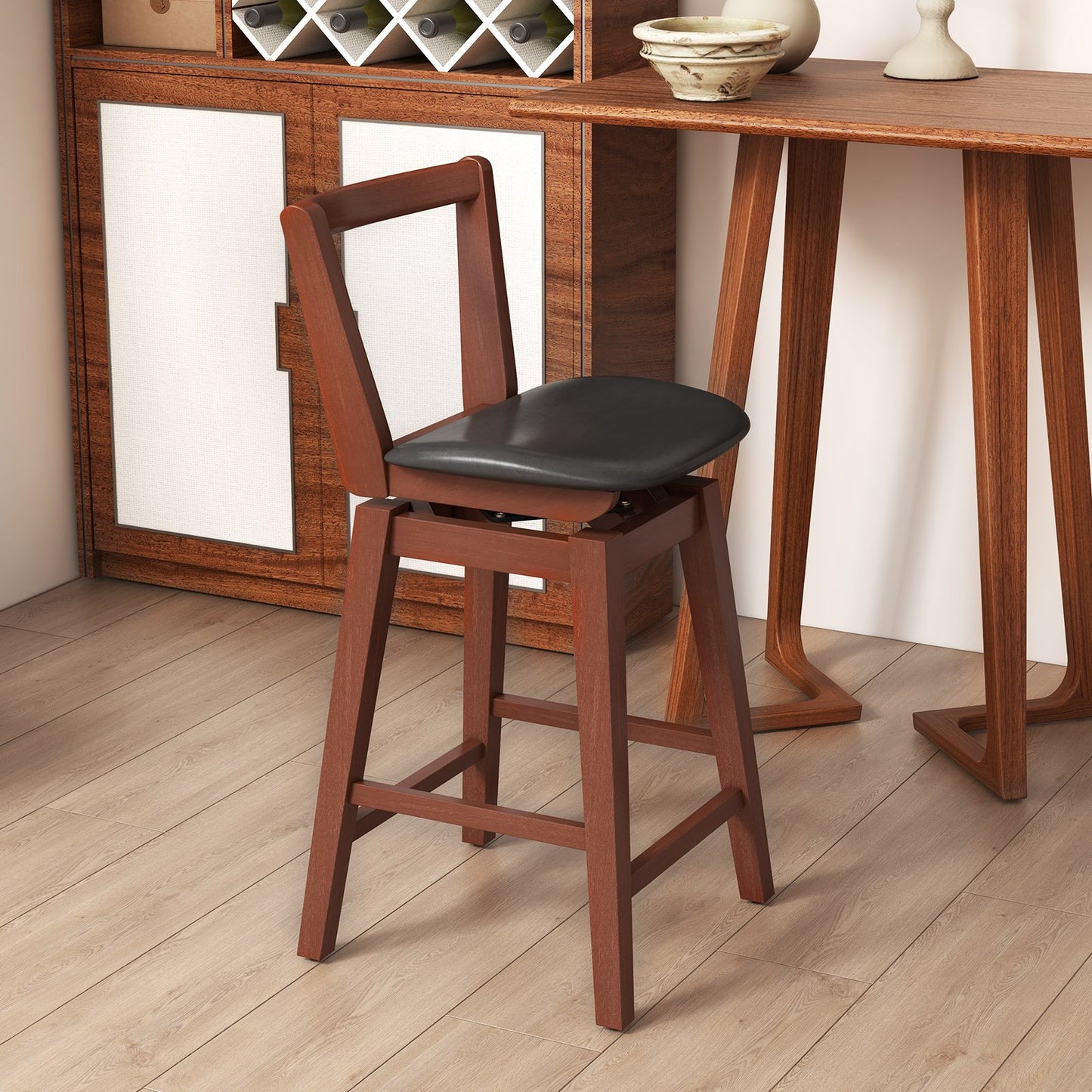 Swivel Upholstered PU Leather Stool with Backrest and Cushioned Seat-26 inches, Brown Bar Stools   at Gallery Canada