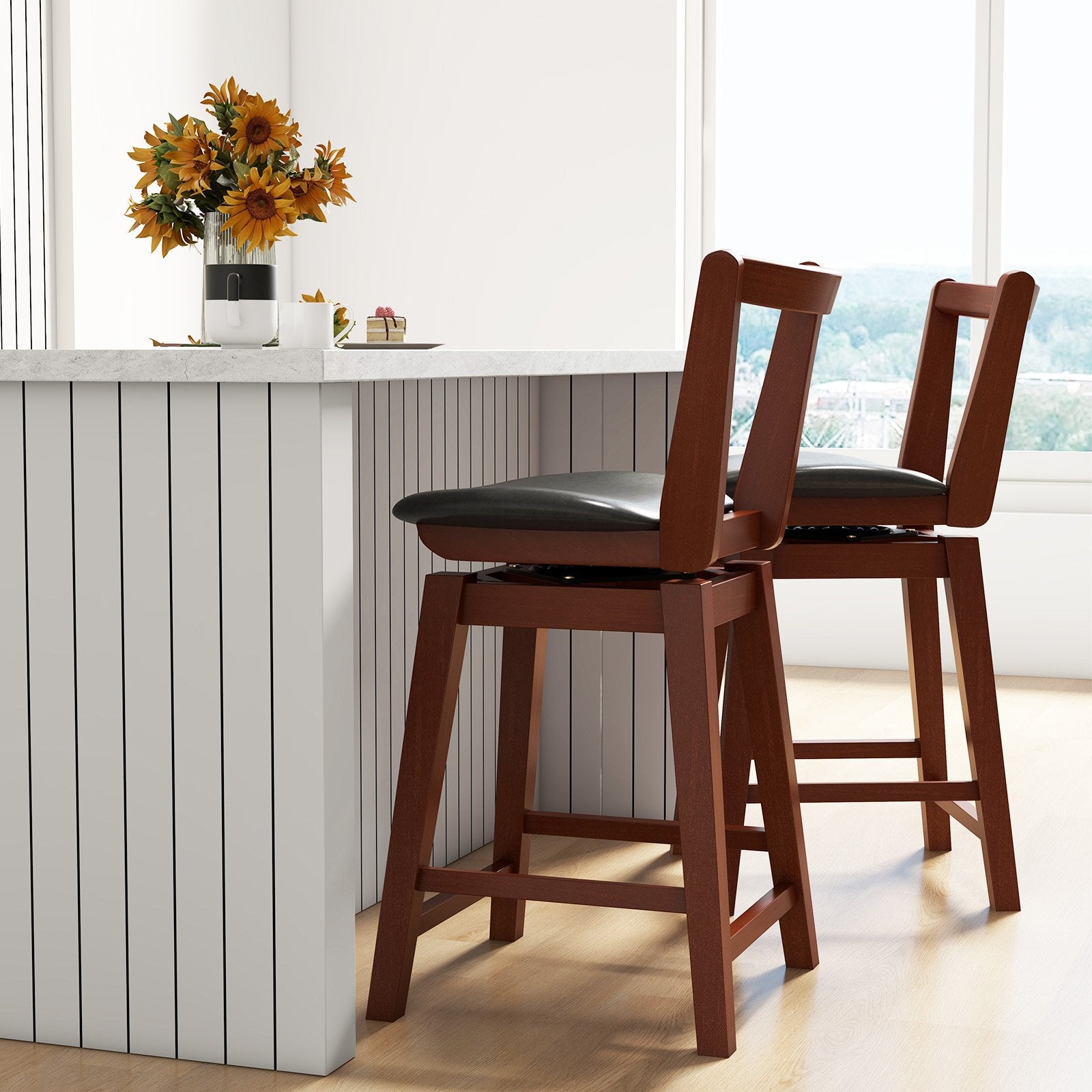 Swivel Upholstered PU Leather Stool with Backrest and Cushioned Seat-26 inches, Brown Bar Stools   at Gallery Canada