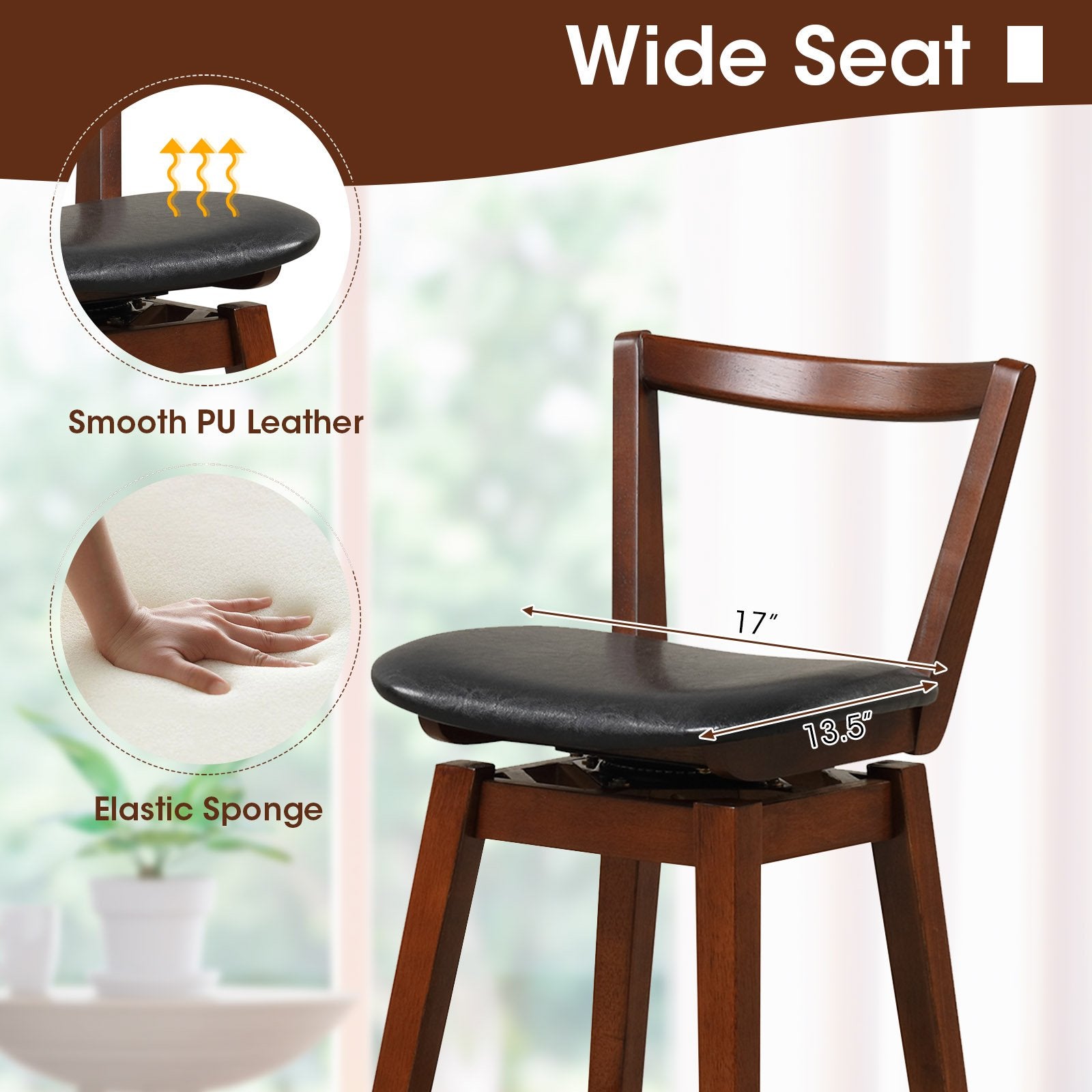 Swivel Upholstered PU Leather Stool with Backrest and Cushioned Seat-26 inches, Brown Bar Stools   at Gallery Canada