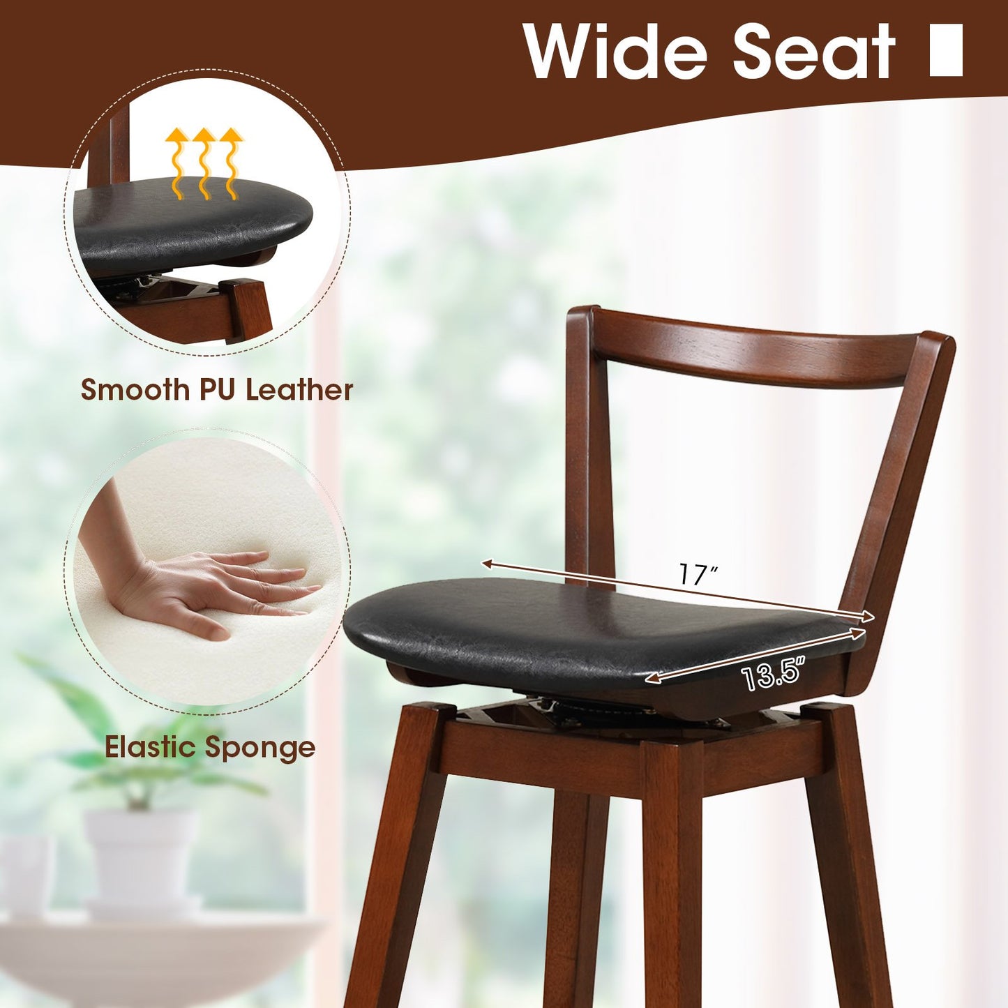 Swivel Upholstered PU Leather Stool with Backrest and Cushioned Seat-30.5 inches, Brown - Gallery Canada