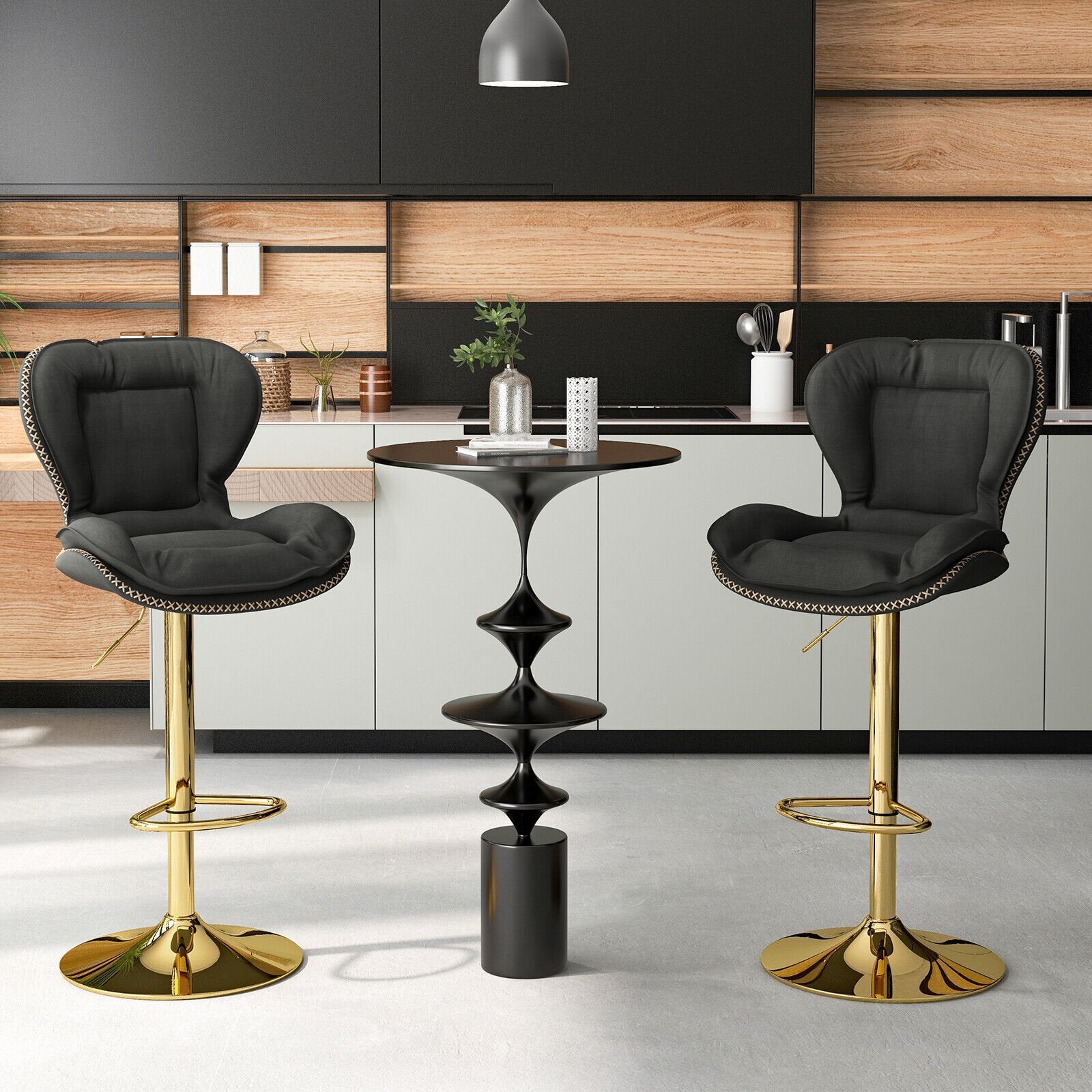 Set of 2 Swivel Bar Stools PU Leather Bar Chairs with Footrest and Curved Backrest, Gray Bar Stools   at Gallery Canada