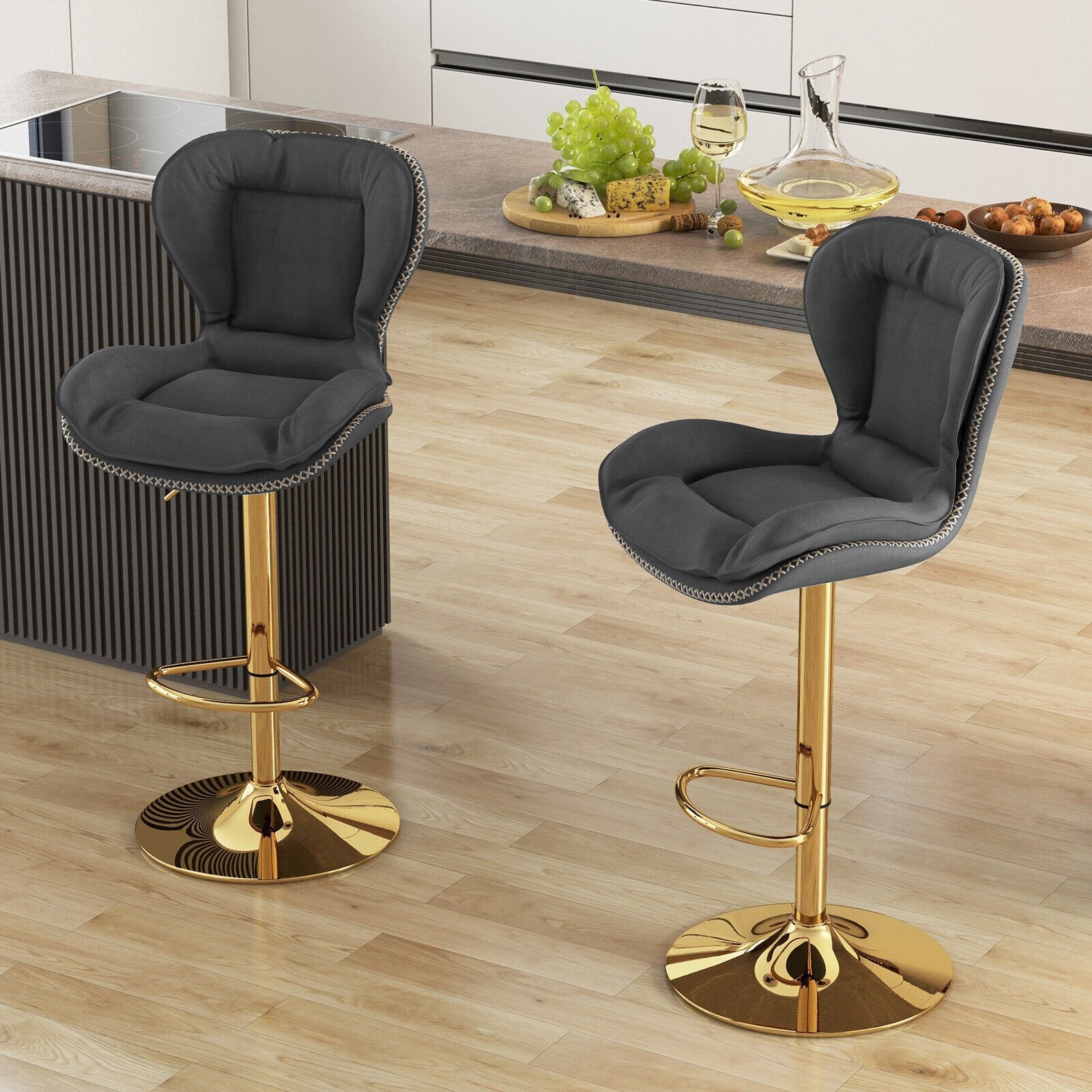 Set of 2 Swivel Bar Stools PU Leather Bar Chairs with Footrest and Curved Backrest, Gray Bar Stools   at Gallery Canada