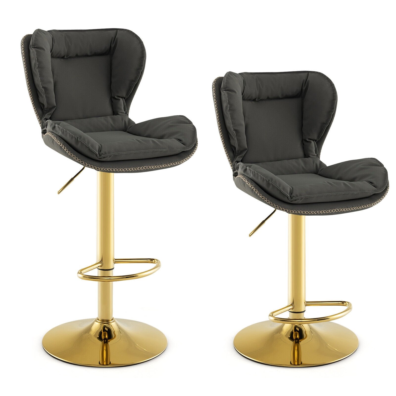 Set of 2 Swivel Bar Stools PU Leather Bar Chairs with Footrest and Curved Backrest, Gray Bar Stools   at Gallery Canada