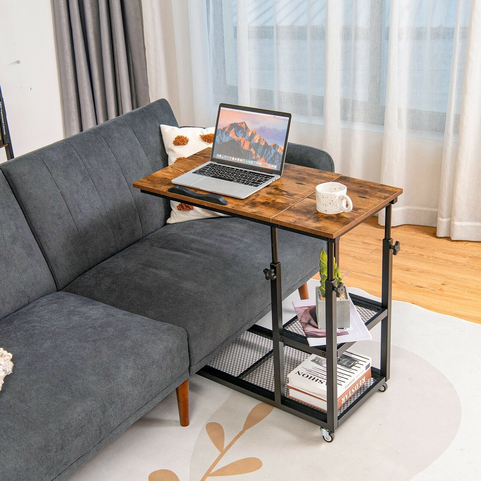 Adjustable C-Shaped Bedside Table, Rustic Brown End & Side Tables   at Gallery Canada