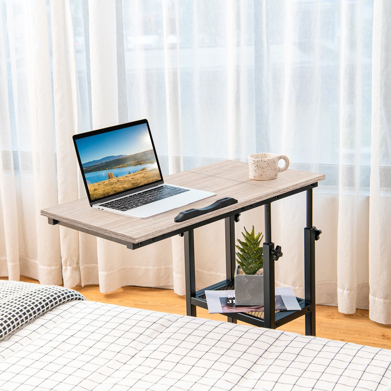 Adjustable C-Shaped Bedside Table with Wheels, Natural End & Side Tables   at Gallery Canada