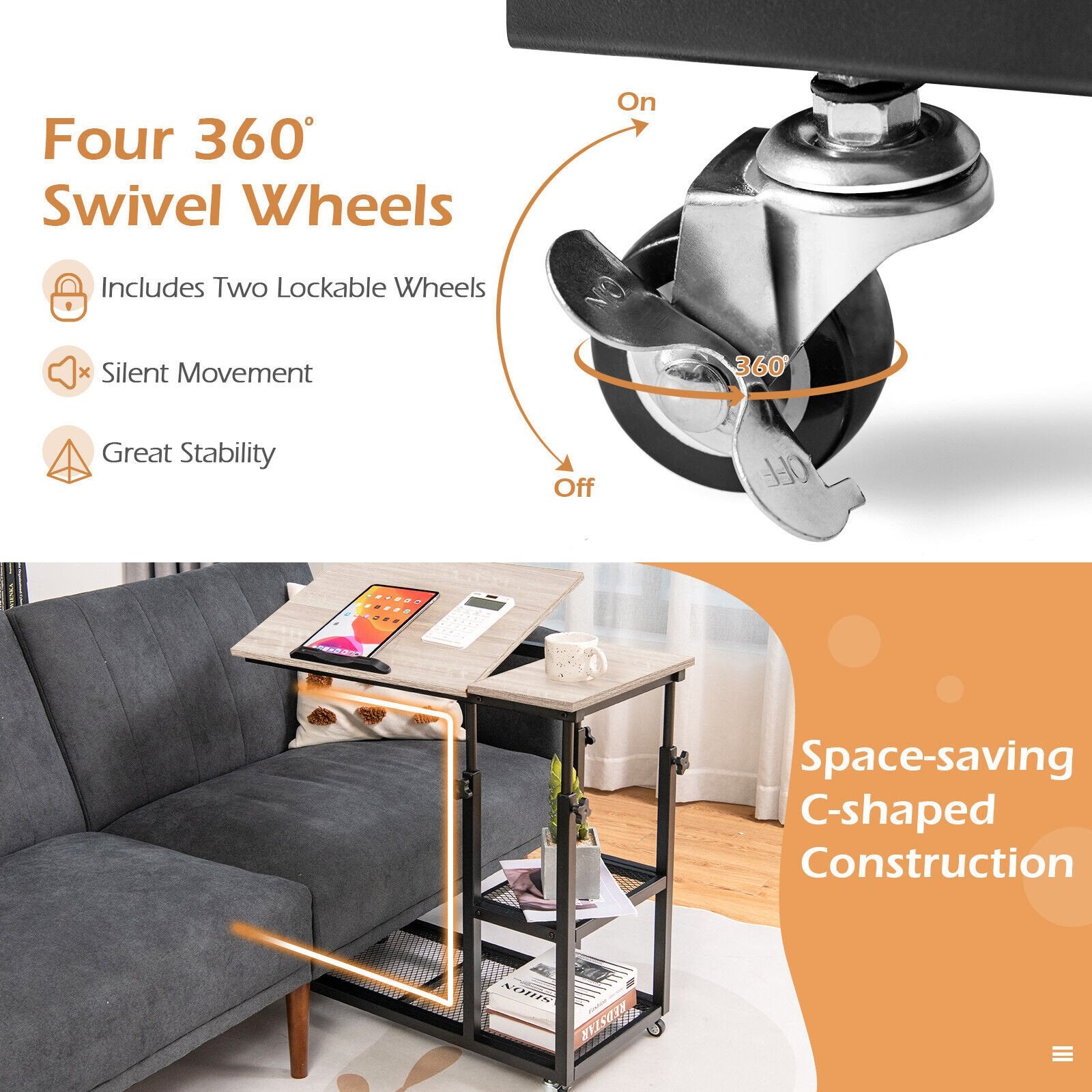 Adjustable C-Shaped Bedside Table with Wheels, Natural End & Side Tables   at Gallery Canada