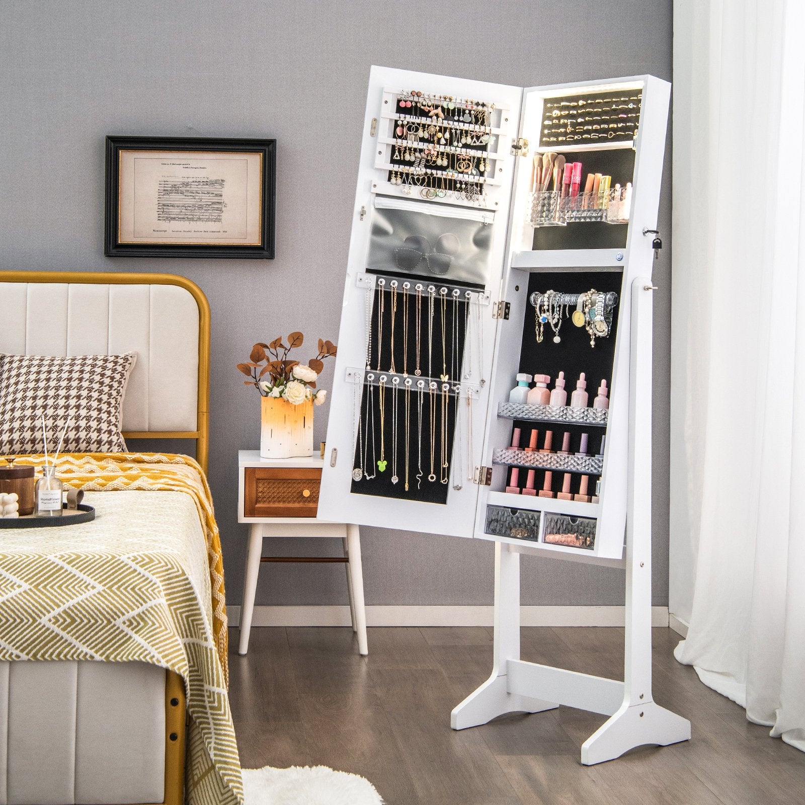 Lockable Jewelry Armoire Standing Cabinet with Lighted Full-Length Mirror, White Jewelry Armoires   at Gallery Canada