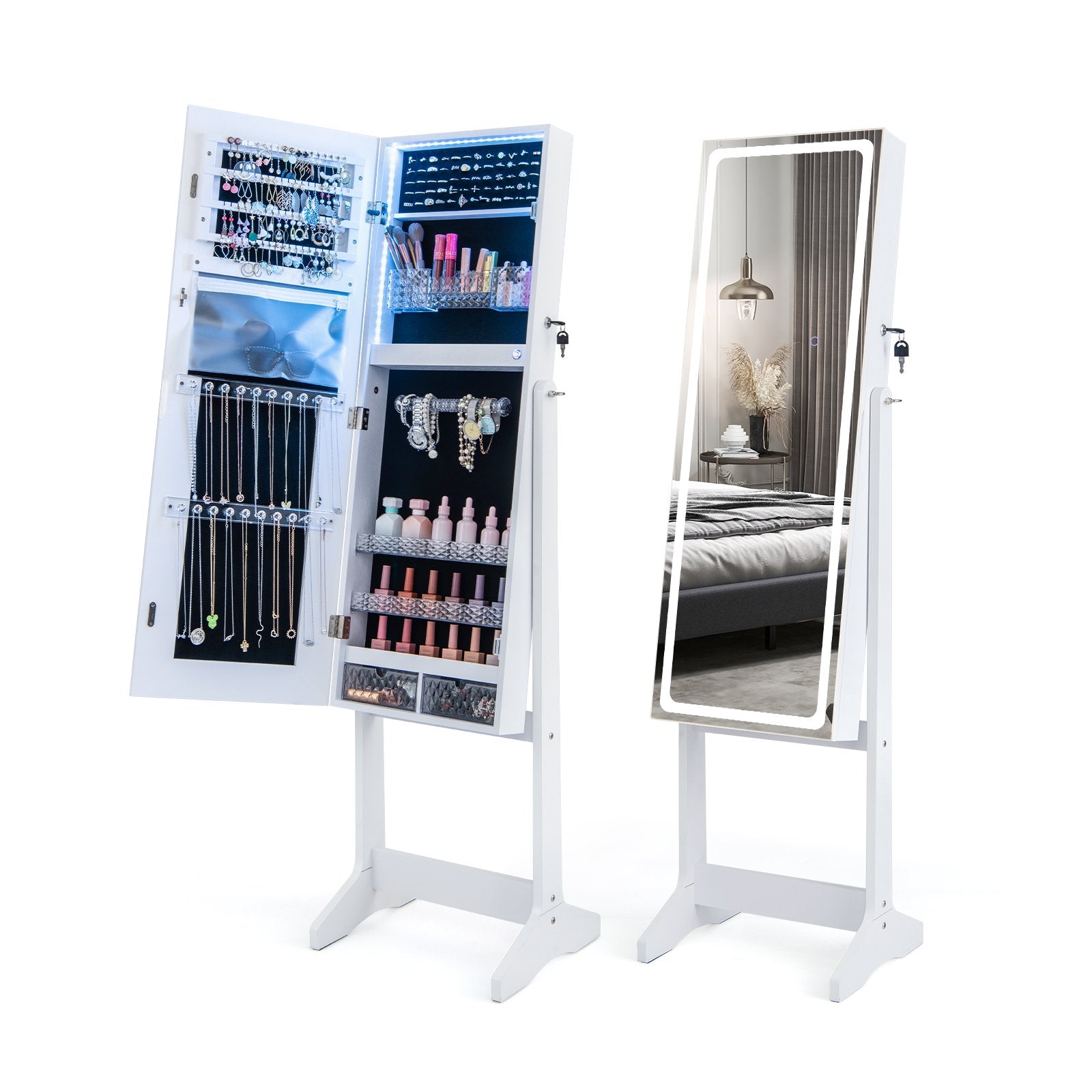 Lockable Jewelry Armoire Standing Cabinet with Lighted Full-Length Mirror, White Jewelry Armoires   at Gallery Canada