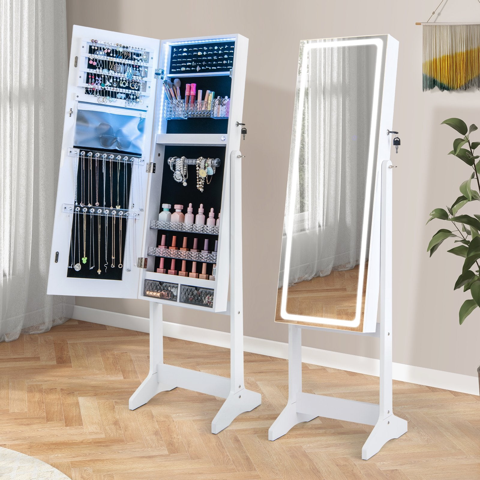 Lockable Jewelry Armoire Standing Cabinet with Lighted Full-Length Mirror, White Jewelry Armoires   at Gallery Canada