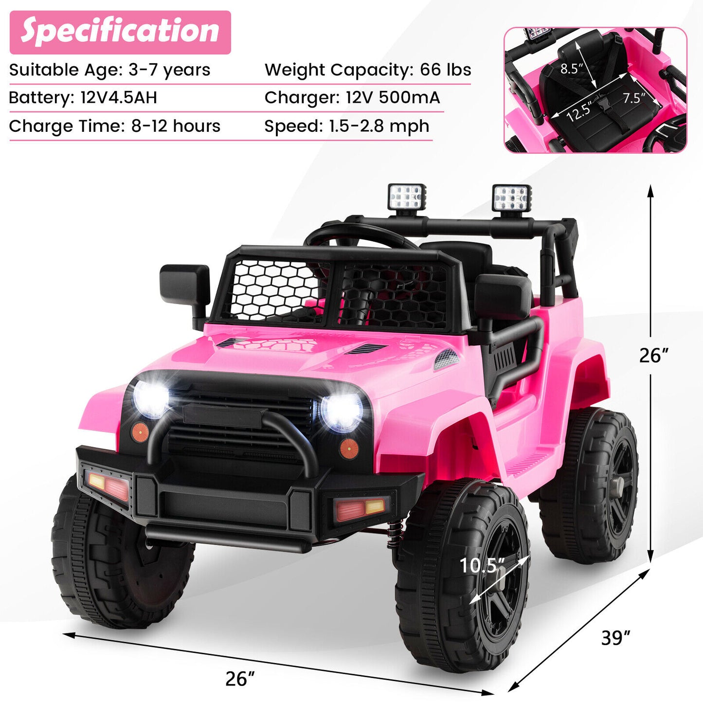 12V Kids Ride On Truck with Remote Control and Headlights, Pink Powered Ride On Toys   at Gallery Canada