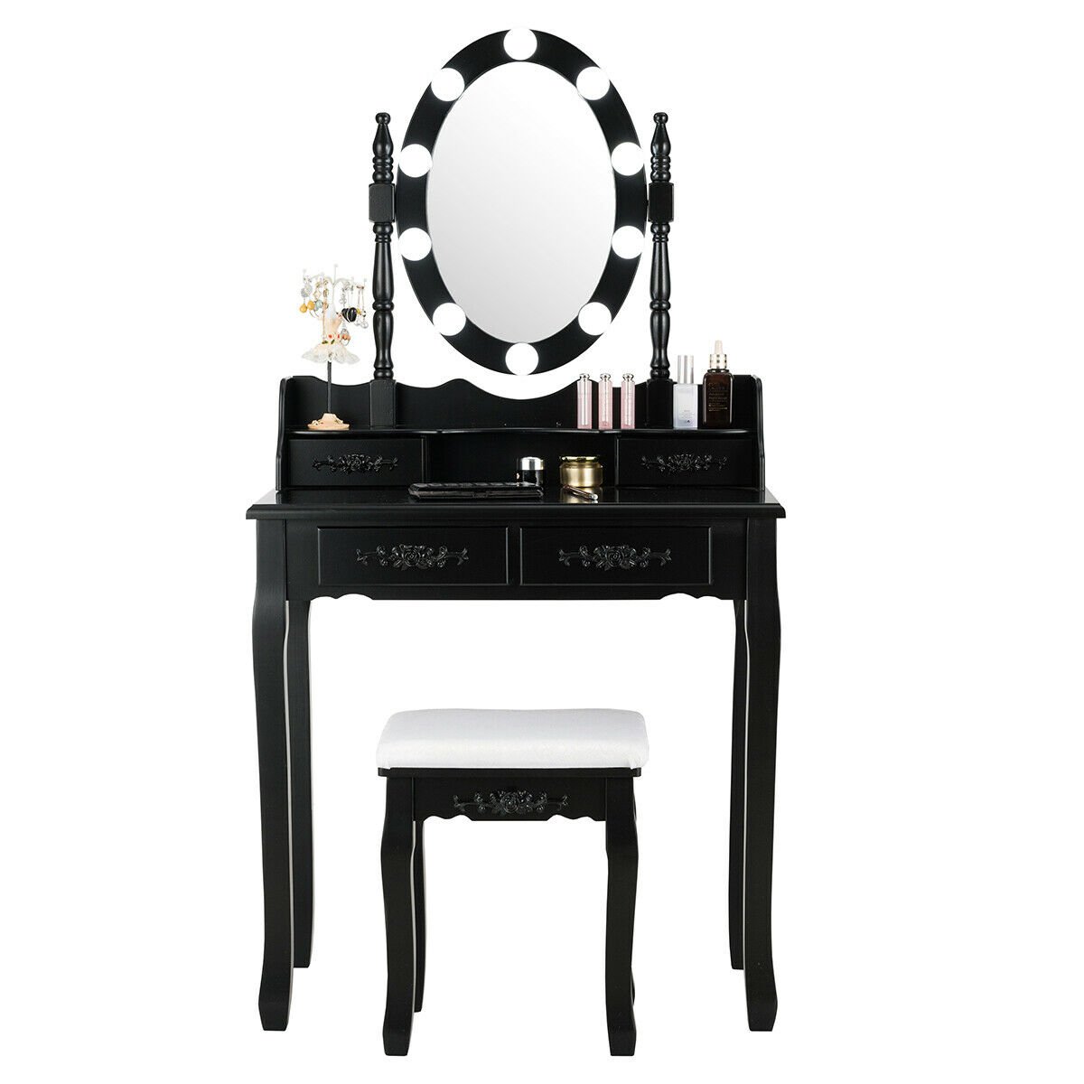 Makeup Dressing Table with Touch Switch Lighted Mirror and Cushioned Stool, Black Makeup Vanities   at Gallery Canada