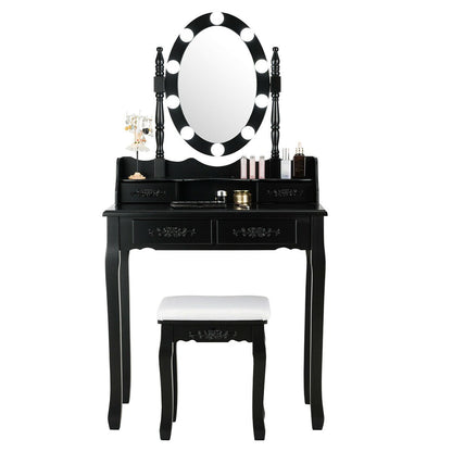 Makeup Dressing Table with Touch Switch Lighted Mirror and Cushioned Stool, Black Makeup Vanities   at Gallery Canada