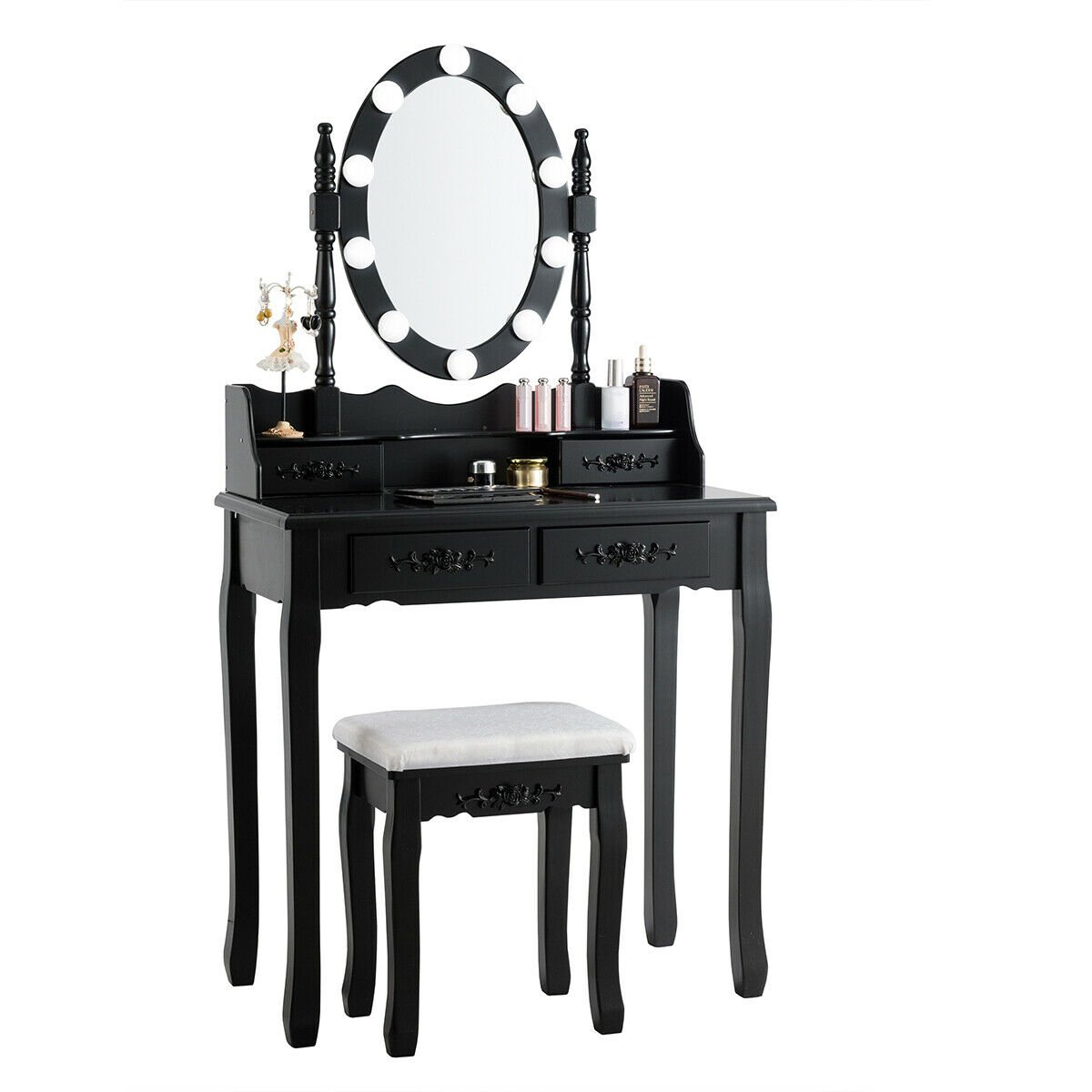 Makeup Dressing Table with Touch Switch Lighted Mirror and Cushioned Stool, Black Makeup Vanities   at Gallery Canada