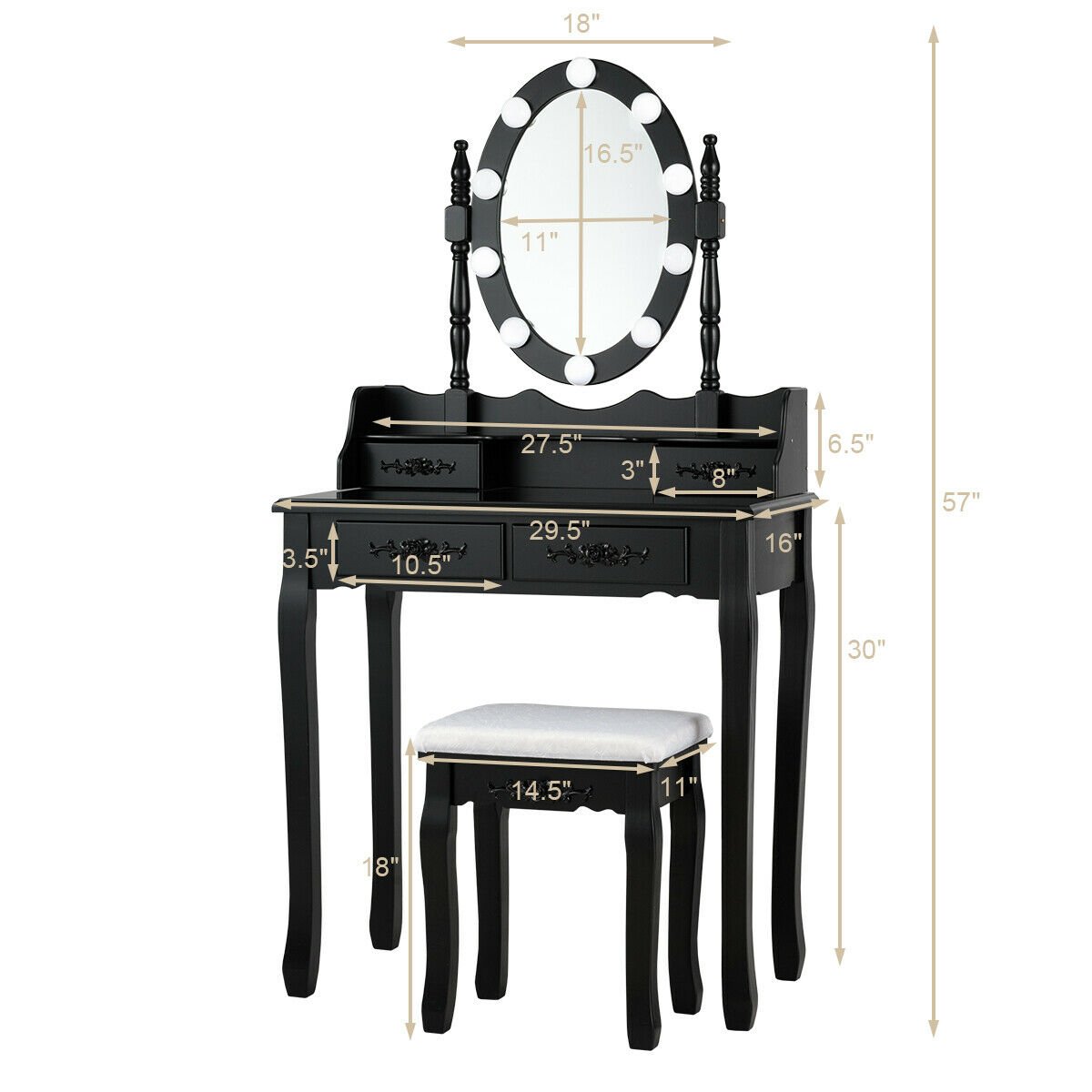 Makeup Dressing Table with Touch Switch Lighted Mirror and Cushioned Stool, Black Makeup Vanities   at Gallery Canada