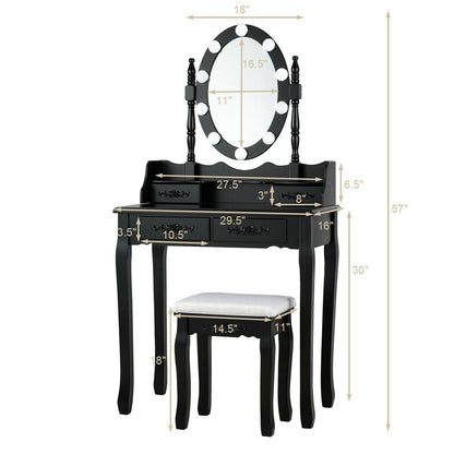 Makeup Dressing Table with Touch Switch Lighted Mirror and Cushioned Stool, Black - Gallery Canada