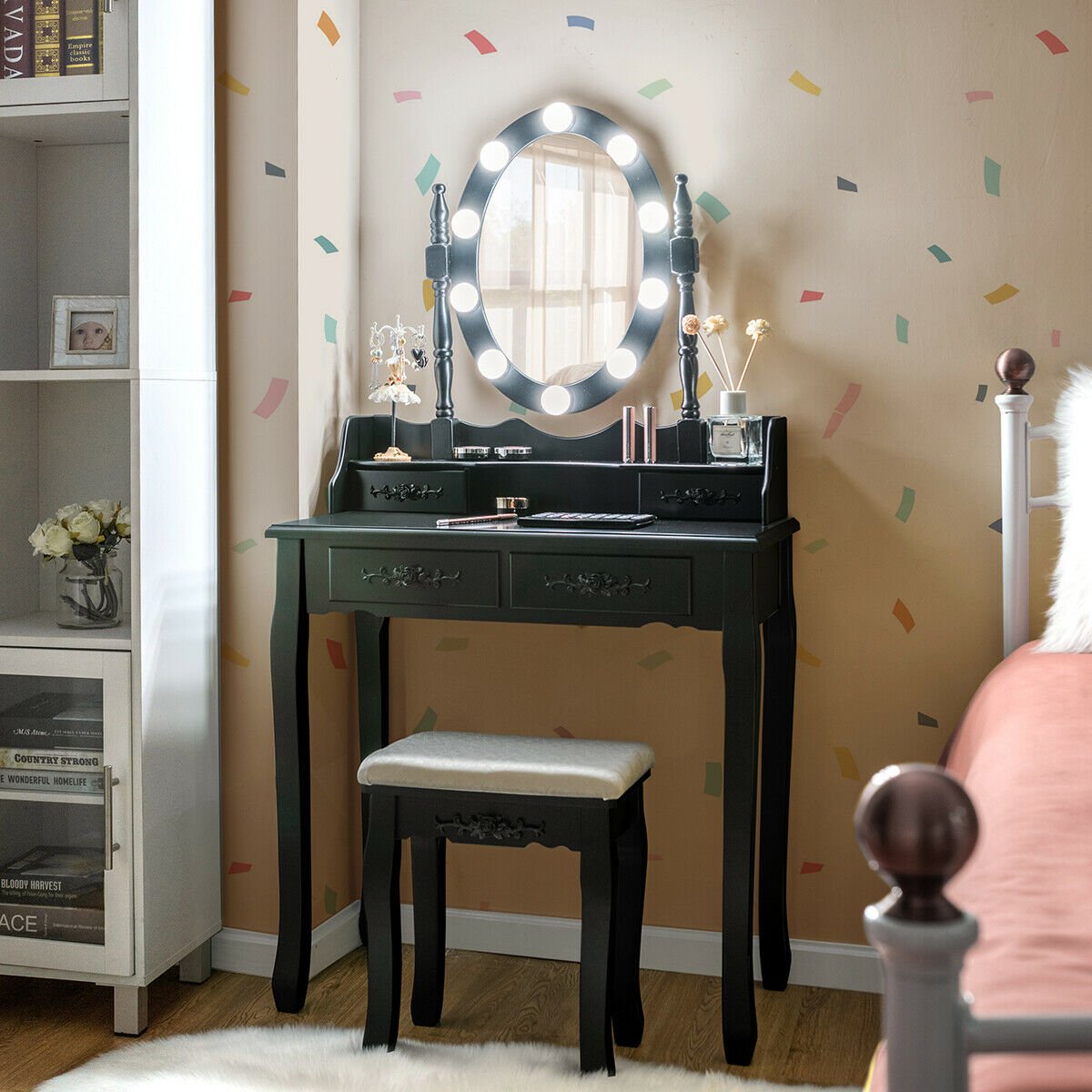 Makeup Dressing Table with Touch Switch Lighted Mirror and Cushioned Stool, Black Makeup Vanities   at Gallery Canada