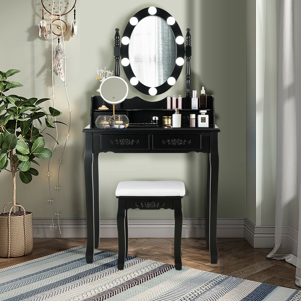 Makeup Dressing Table with Touch Switch Lighted Mirror and Cushioned Stool, Black Makeup Vanities   at Gallery Canada