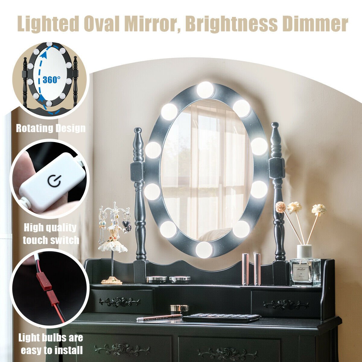 Makeup Dressing Table with Touch Switch Lighted Mirror and Cushioned Stool, Black Makeup Vanities   at Gallery Canada