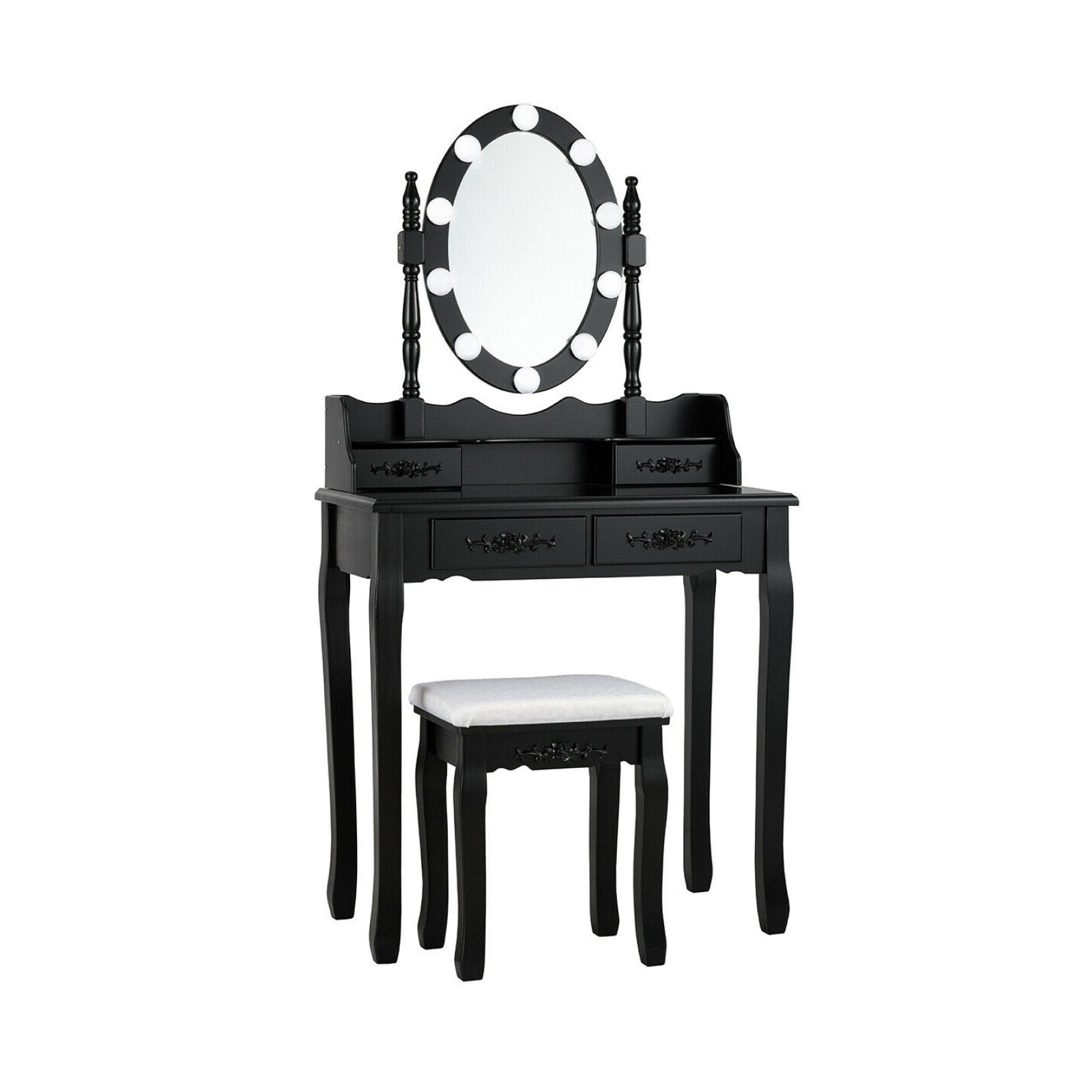 Makeup Dressing Table with Touch Switch Lighted Mirror and Cushioned Stool, Black Makeup Vanities   at Gallery Canada