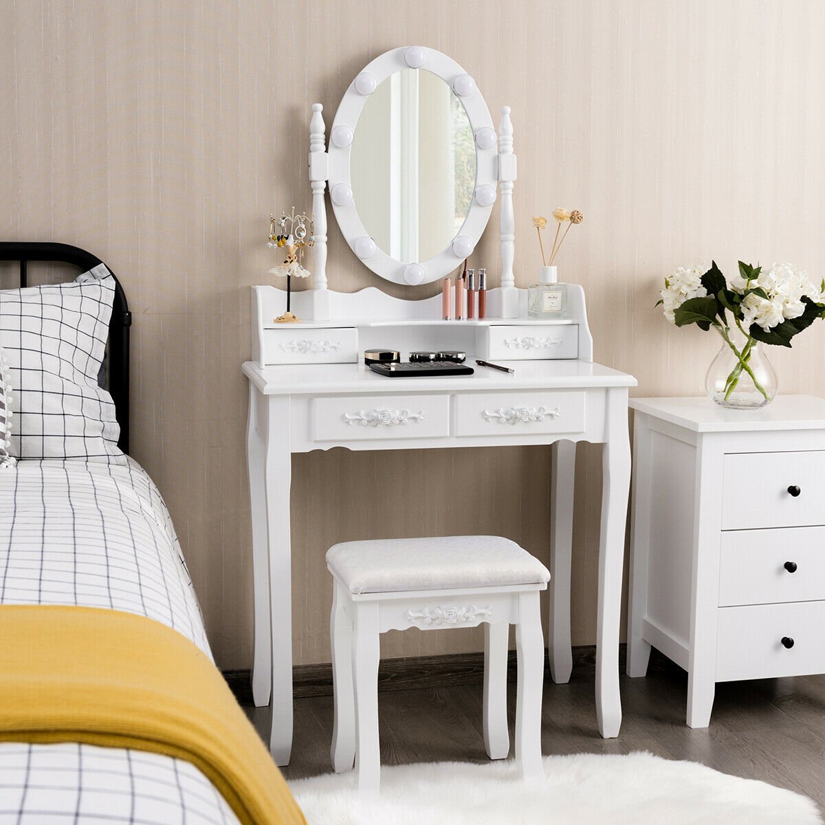 Makeup Dressing Table with Touch Switch Lighted Mirror and Cushioned Stool, White Makeup Vanities   at Gallery Canada