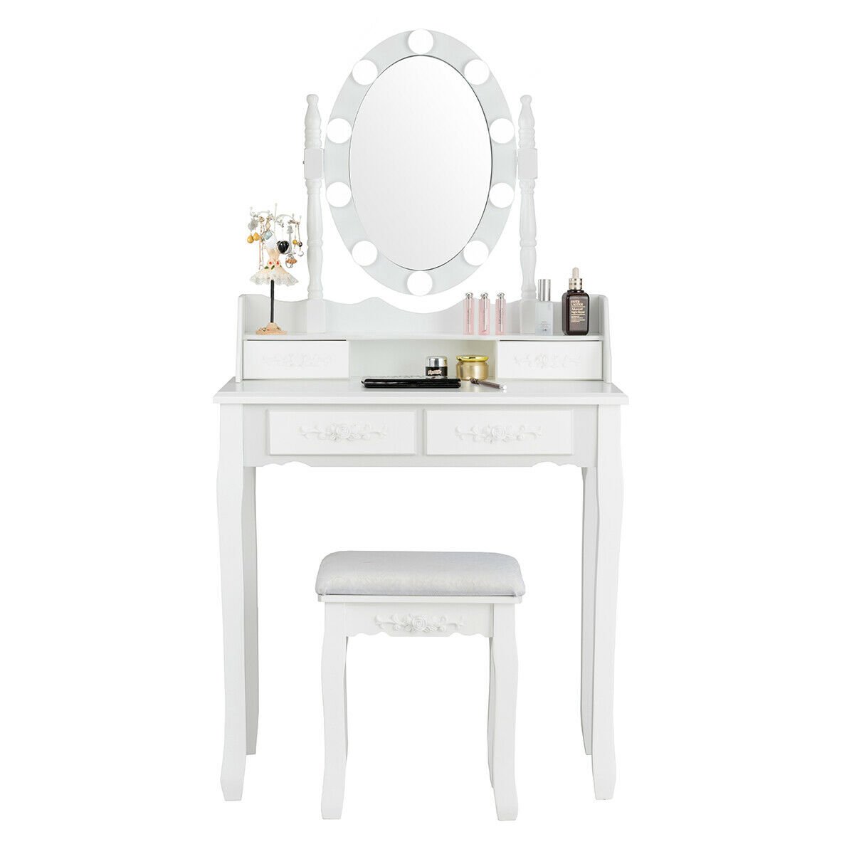 Makeup Dressing Table with Touch Switch Lighted Mirror and Cushioned Stool, White Makeup Vanities   at Gallery Canada