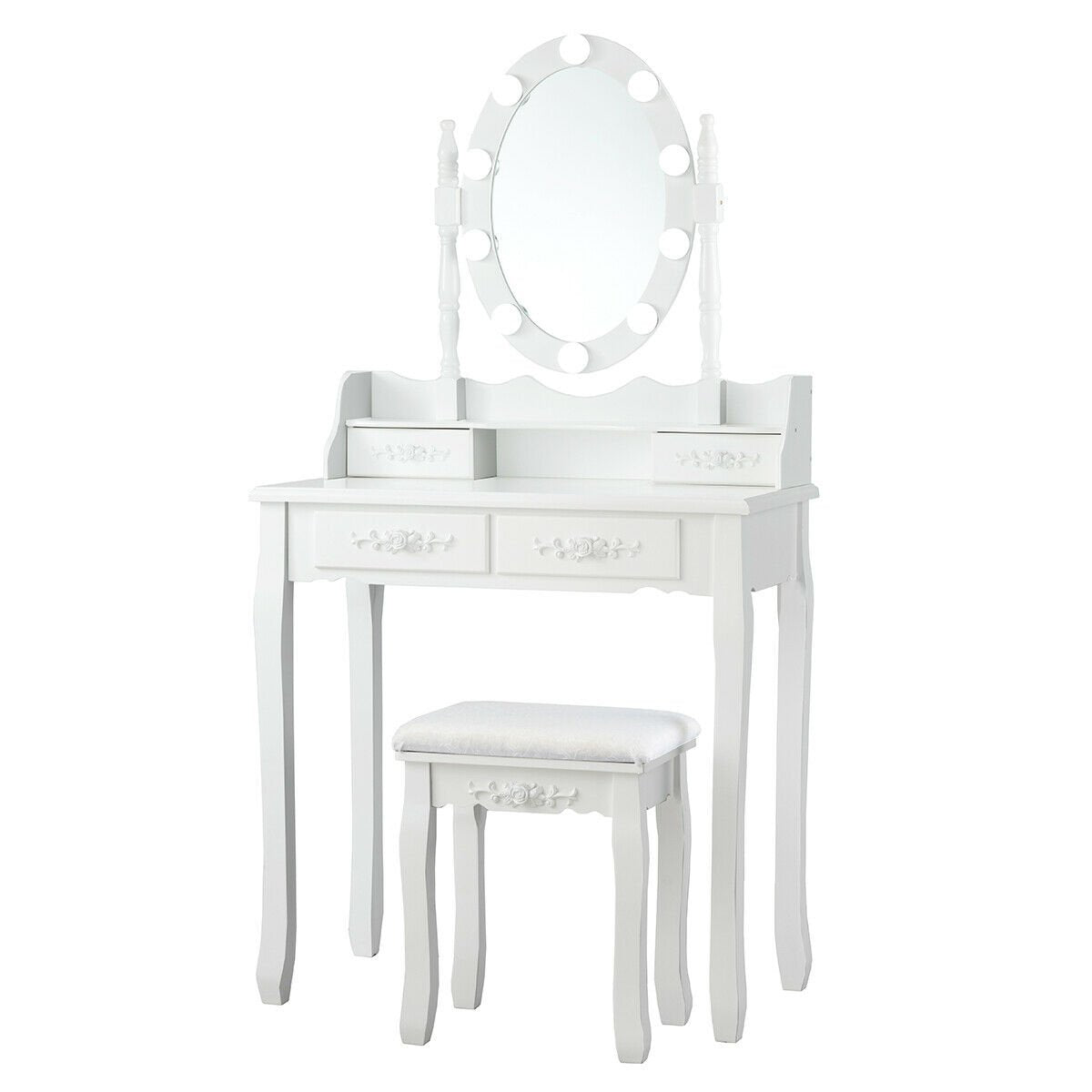 Makeup Dressing Table with Touch Switch Lighted Mirror and Cushioned Stool, White Makeup Vanities   at Gallery Canada