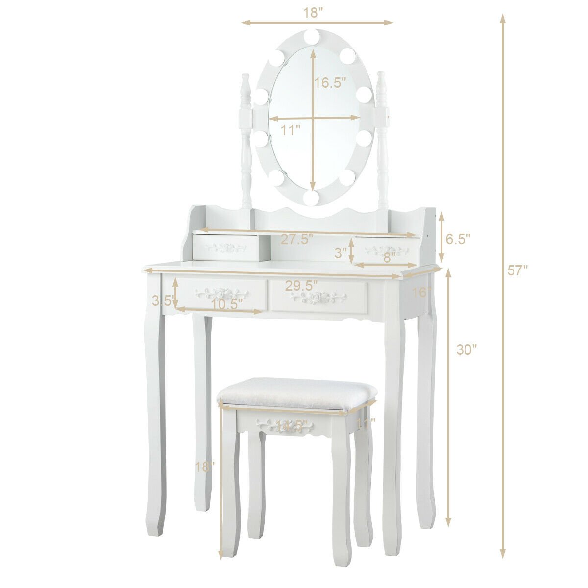 Makeup Dressing Table with Touch Switch Lighted Mirror and Cushioned Stool, White Makeup Vanities   at Gallery Canada