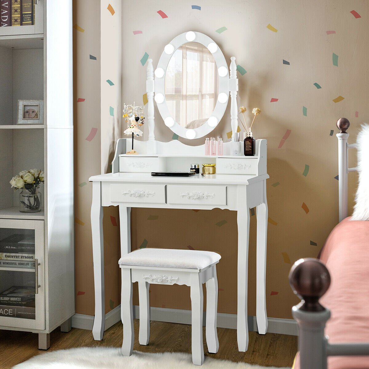 Makeup Dressing Table with Touch Switch Lighted Mirror and Cushioned Stool, White Makeup Vanities   at Gallery Canada