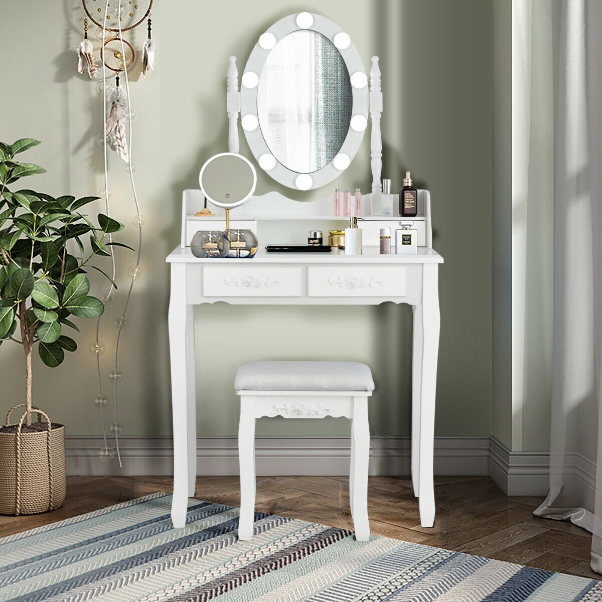 Makeup Dressing Table with Touch Switch Lighted Mirror and Cushioned Stool, White Makeup Vanities   at Gallery Canada